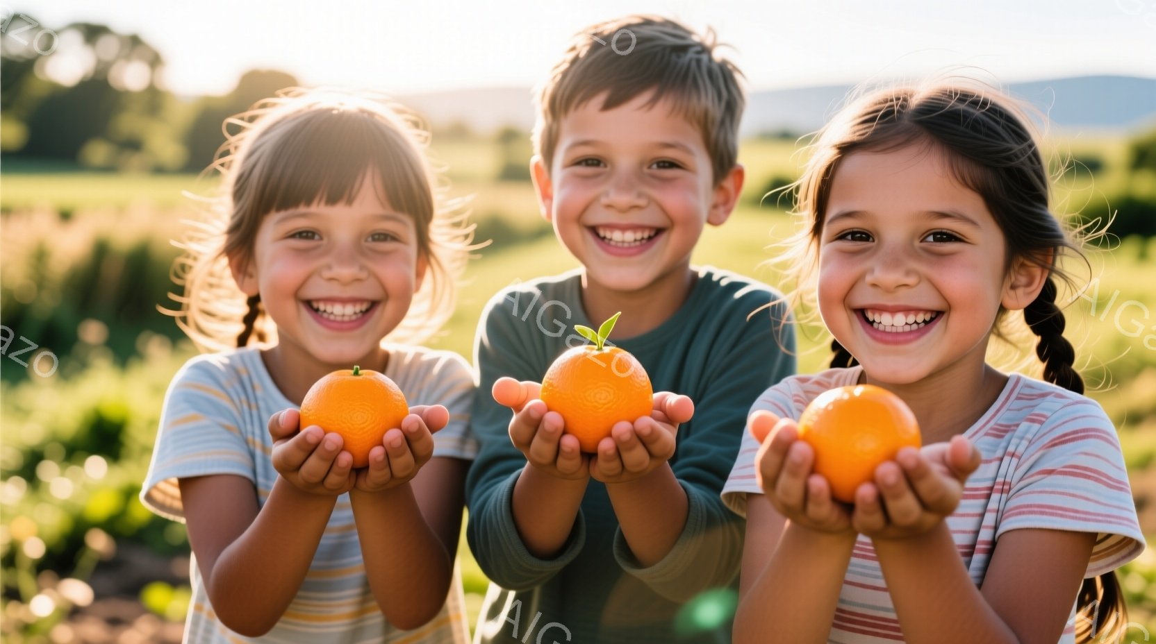 三人の子供たちがそれぞれオレンジ色の果物を両手に広げて笑顔でこちらを見ている。子供たちは明るい色のストライプのシャツを着ており、女の子は髪を三つ編みにしている。背景には緑豊かな植物が生い茂る畑が広がり、太陽の光が差し込み、温かく幸せな雰囲気が漂っている。