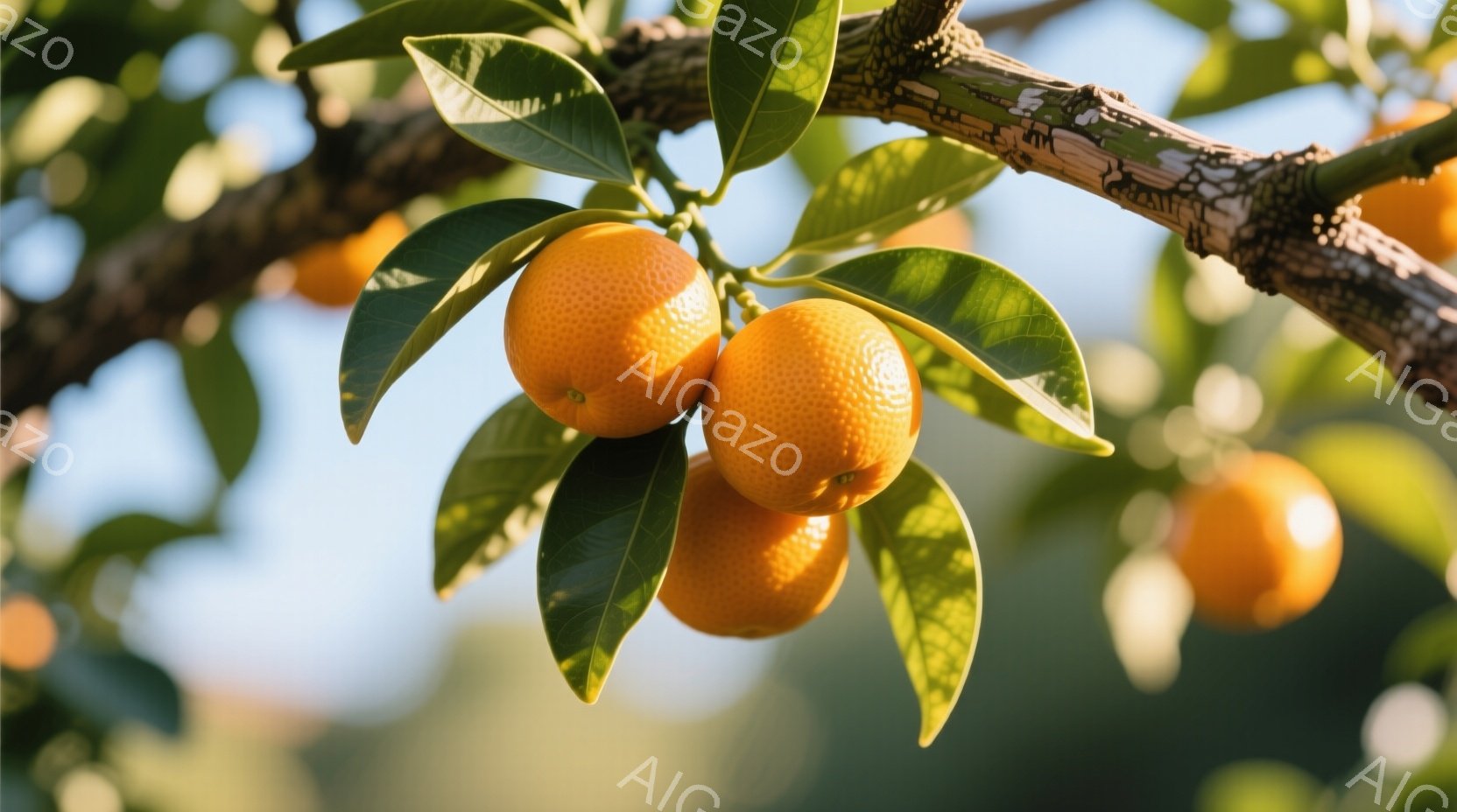 鮮やかなオレンジ色の柑橘類が、緑の葉に囲まれて枝に実っています。背景はぼやけた緑色で、太陽の光が葉と果実を照らし、明るく穏やかな雰囲気を醸し出しています。果実は瑞々しく、これから収穫の時期を迎えるような、生命力に満ちた様子が伝わってきます。