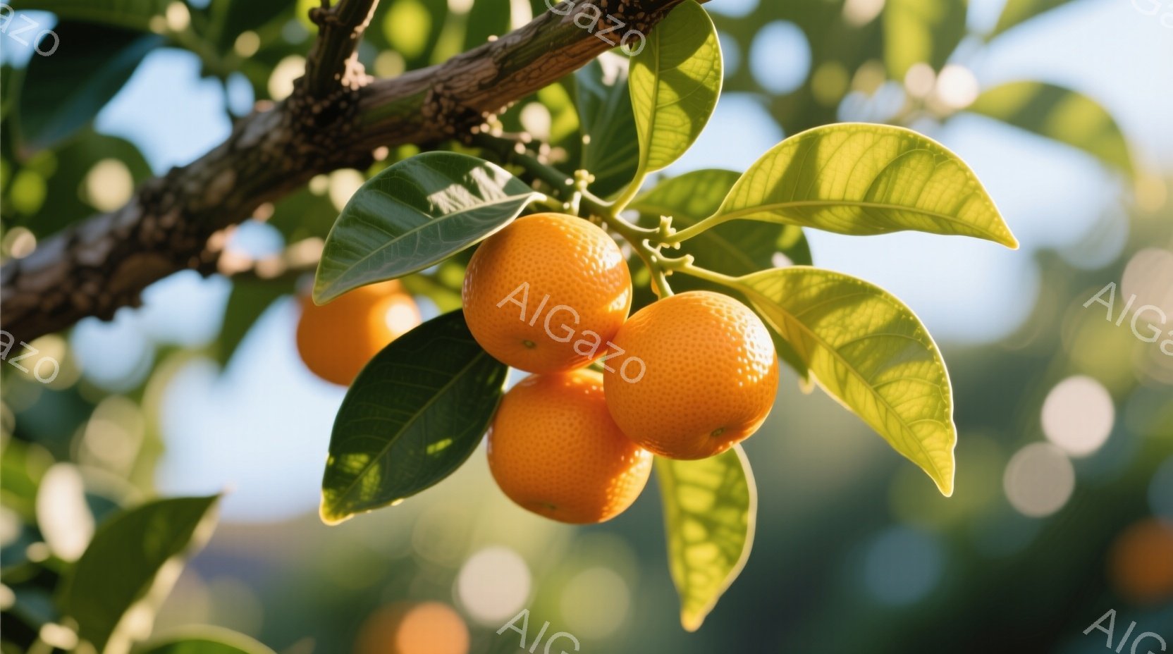 鮮やかなオレンジ色の柑橘類が葉に囲まれて枝にぶら下がっている様子を捉えています。背景は緑豊かな木々とぼやけた光で、太陽の光が葉を照らし、暖かく自然な雰囲気を醸し出しています。全体的に、豊かで生命力にあふれる、実りの秋の光景が表現されています。