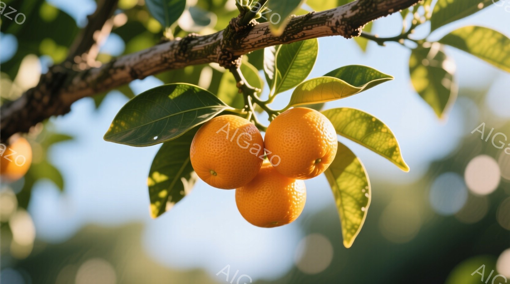 鮮やかなオレンジ色の柑橘類が、緑の葉に囲まれて枝に実っている様子が捉えられています。太陽の光が葉を透過し、オレンジの表面を照らし出しており、全体的に暖かく、活気のある雰囲気を醸し出しています。背景はぼやけており、自然の青々とした緑が広がり、果実が際立っています。
