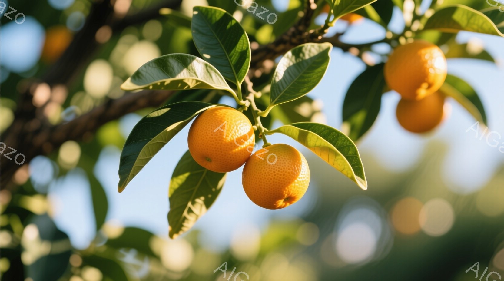 鮮やかなオレンジ色の果実が、濃い緑の葉に囲まれて枝に実っている様子が写っている。背景はぼやけた青空と緑の葉で、暖かく穏やかな雰囲気を醸し出している。果実は丸みを帯びており、瑞々しさを感じさせる。