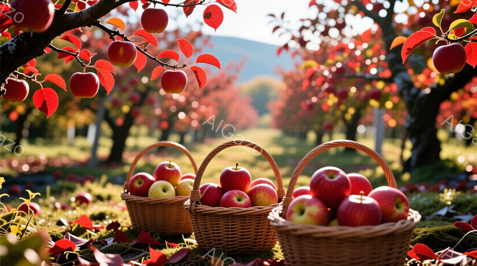 鮮やかな赤いリンゴが収穫された籠が、緑の草の上に並んでいます。背景には、葉が赤く色づいたリンゴの木が並び、秋の暖かく穏やかな雰囲気を醸し出しています。光が差し込み、木々の葉やリンゴを照らし、牧歌的な風景を作り出しています。