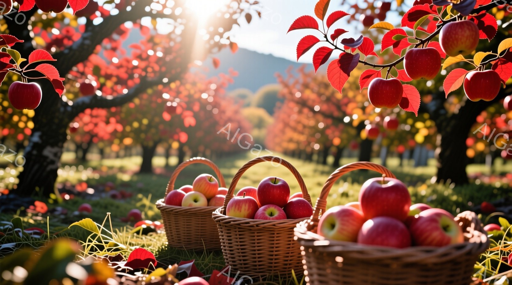 りんご園の鮮やかな風景が広がっています。地面や草の上に落ちた赤いりんごが散らばり、籠には収穫されたばかりの赤いりんごがぎっしりと詰まっています。背景には緑豊かな木々と、柔らかい光が差し込む美しい自然が広がっており、穏やかで秋らしい雰囲気を醸し出しています。