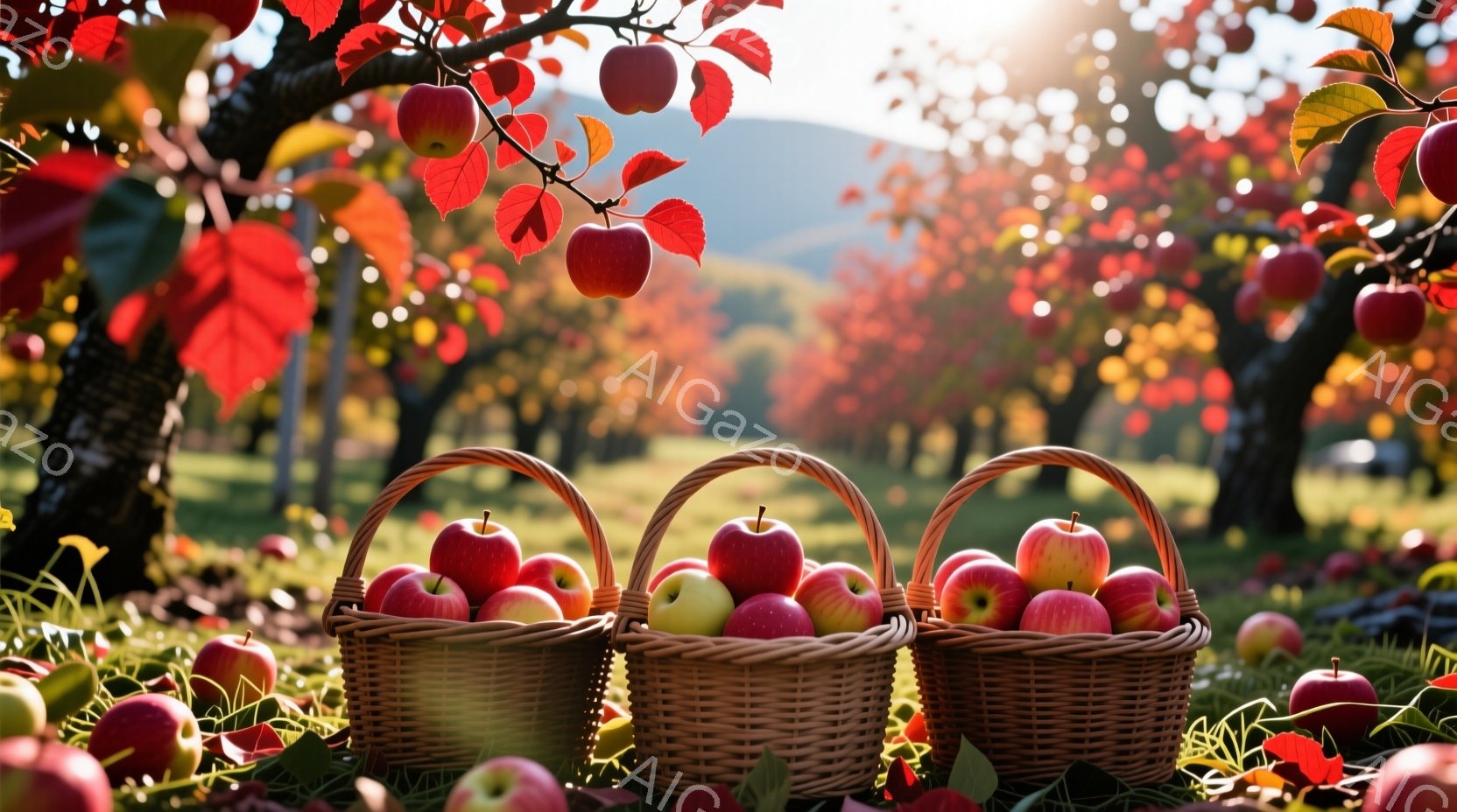 鮮やかな赤いリンゴが実るリンゴ園の風景です。地面には収穫されたリンゴが散らばり、3つの籐のバスケットには収穫されたばかりの赤いリンゴがぎっしりと詰まっています。背景にはリンゴの木々と、ぼんやりとした山の風景が広がり、秋の暖かく穏やかな雰囲気を醸し出しています。