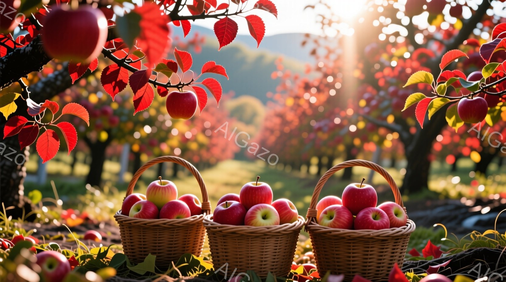 鮮やかな赤いリンゴが実ったリンゴ園で、3つの柳の籠が地面に並べられています。籠はリンゴでいっぱいになり、落ち葉と鮮やかな赤い葉が散らばる地面に温かい雰囲気を添えています。背景には、リンゴの木々と、ぼやけた緑の丘が見え、秋の収穫の喜びと自然の美しさを感じさせる穏やかな風景です。