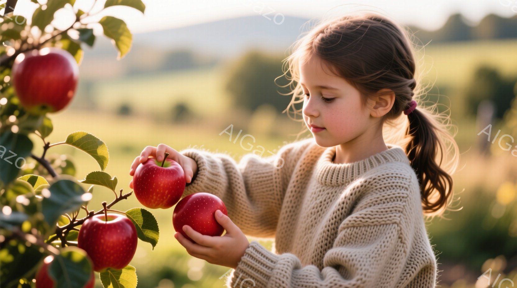 少女はリンゴの木のそばに立っており、鮮やかな赤いリンゴを手に持っています。彼女はベージュのニットセーターを着ており、髪は後ろで一つに結ばれています。背景には緑豊かな草原とぼやけた山々が見え、暖かい日差しが降り注ぎ、穏やかで牧歌的な雰囲気を醸し出しています。