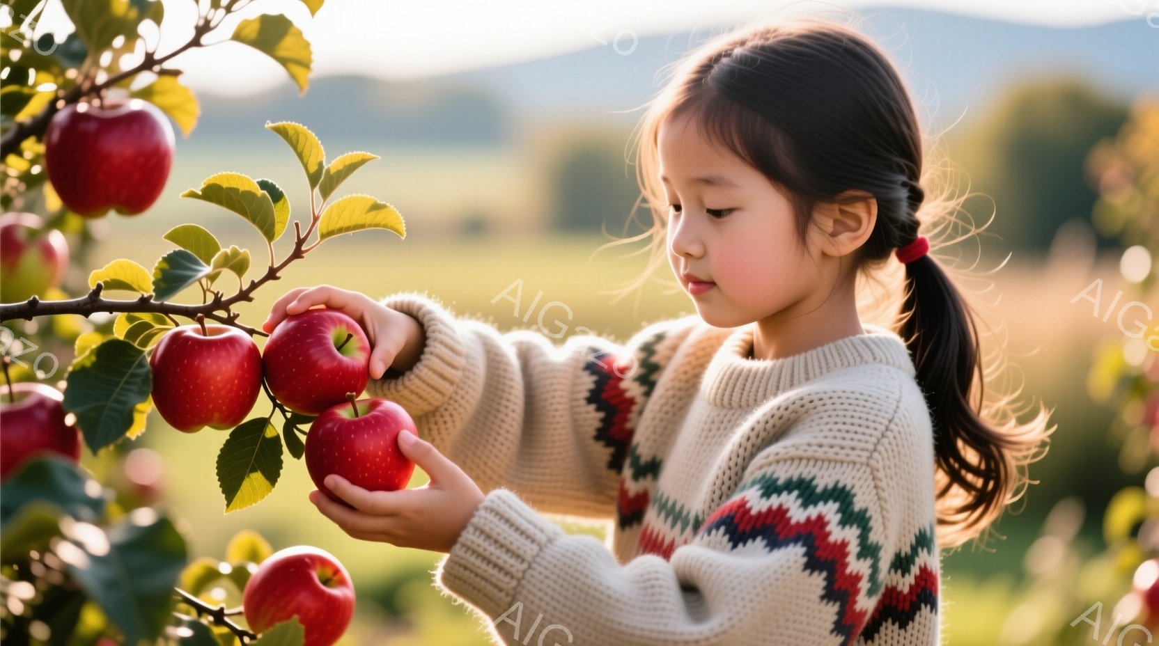 少女は赤いりんごのなる木の下に立っており、片手でりんごを手に取ろうとしている。彼女はクリーム色の赤い模様が入ったセーターを着ており、髪は後ろで一つに結んでいる。背景には緑の牧草地が広がり、夕日のような柔らかい光が全体を包み込み、穏やかで温かい雰囲気を作り出している。