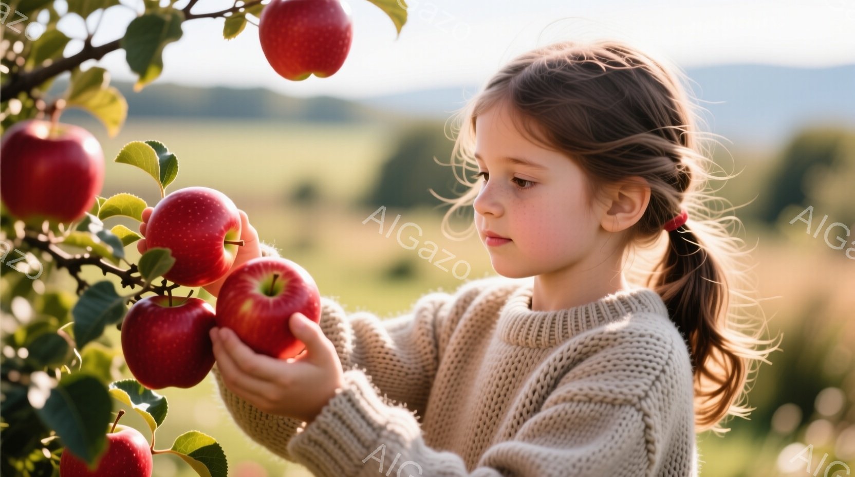 幼い少女が赤いリンゴを手に持っています。ベージュのざっくりとしたセーターを着ており、髪は後ろで一つに結ばれています。背景には緑の牧草地と遠くの丘が見え、晴れた日の穏やかな雰囲気が漂っています。 - AI生成フリー素材