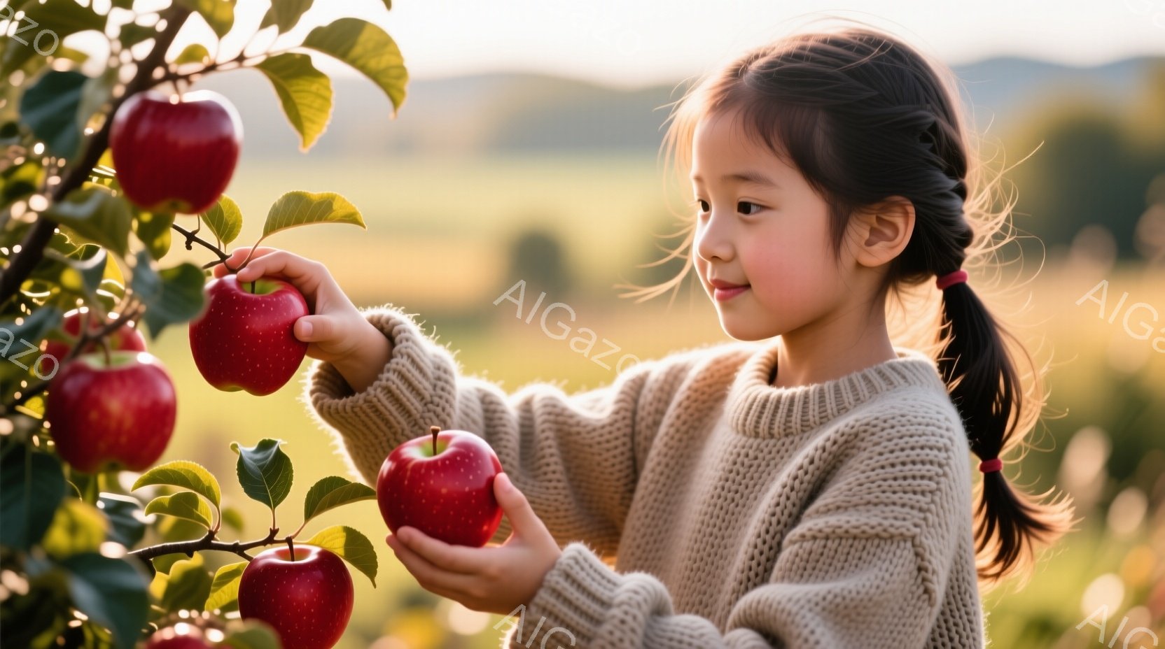 赤毛の少女がリンゴの木から赤いリンゴを摘んでいます。彼女はベージュ色のセーターを着ており、髪は後ろで一つに結ばれています。背景には、金色の光に照らされた自然豊かな風景が広がり、穏やかで温かい雰囲気が漂っています。