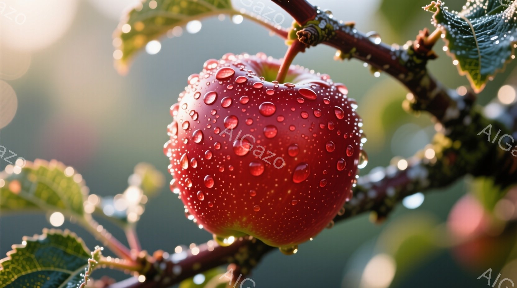 真っ赤なリンゴが枝に実っており、表面には雨粒が輝いている。背景は緑の葉と枝で、光が差し込み、全体的に瑞々しい雰囲気である。雨上がりの自然の美しさを捉えた、温かみのある写真だ。