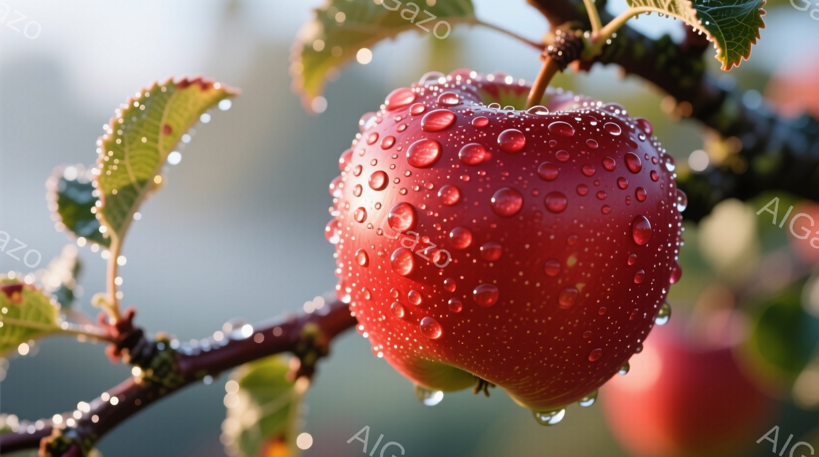鮮やかな赤いリンゴが、雨粒で覆われた枝に実っています。背景にはぼやけた緑の葉と、他のリンゴがわずかに見え、雨上がりのしっとりとした雰囲気が漂っています。全体的に、自然の美しさを捉えた、静かで穏やかなイメージです。