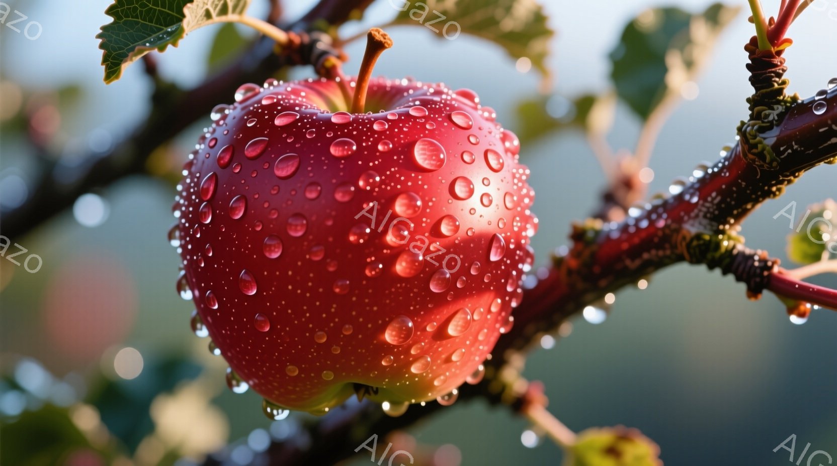 真っ赤なリンゴが、雨上がりの木の枝に実っています。リンゴの表面には水滴が光り、まるで宝石のように輝いています。背景はぼやけて緑色で、雨上がりの静かで湿った雰囲気が伝わってきます。