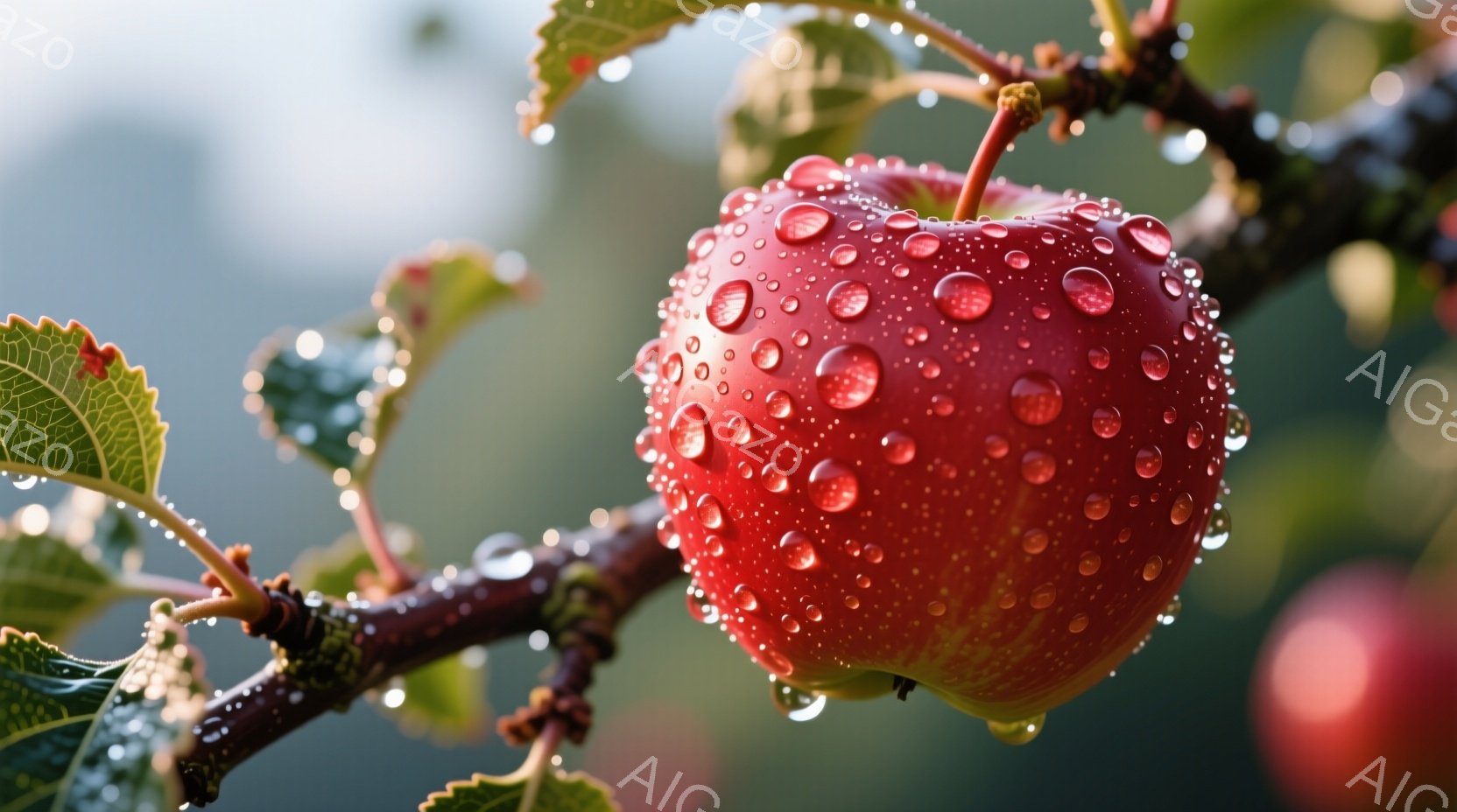 鮮やかな赤いリンゴが枝に実っており、表面には雨粒が光っています。背景には緑色の葉やぼやけた他のリンゴが見え、雨上がりの自然の雰囲気が漂っています。全体的にみずみずしく、生命力あふれる印象を与えます。