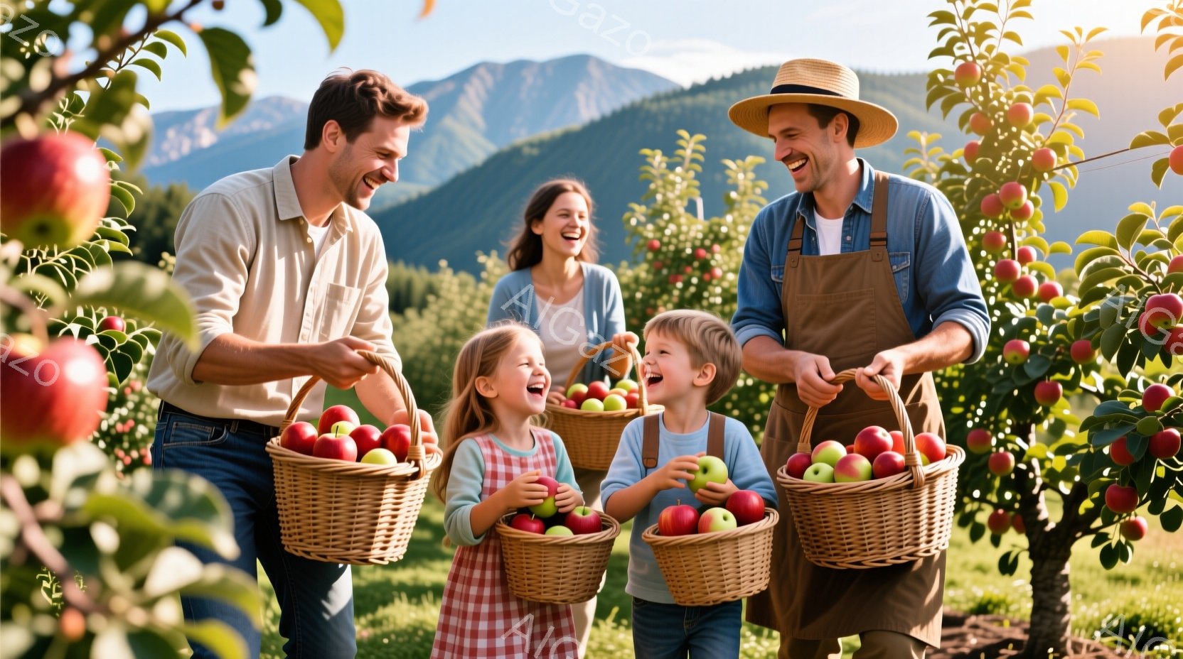 家族がリンゴ園で収穫を楽しんでいます。父親は帽子とエプロンを着て、母親はカジュアルな服装で、子供たちはそれぞれリンゴの入ったバスケットを持っています。背景には緑豊かな自然と山々が広がり、晴天で明るい雰囲気です。
