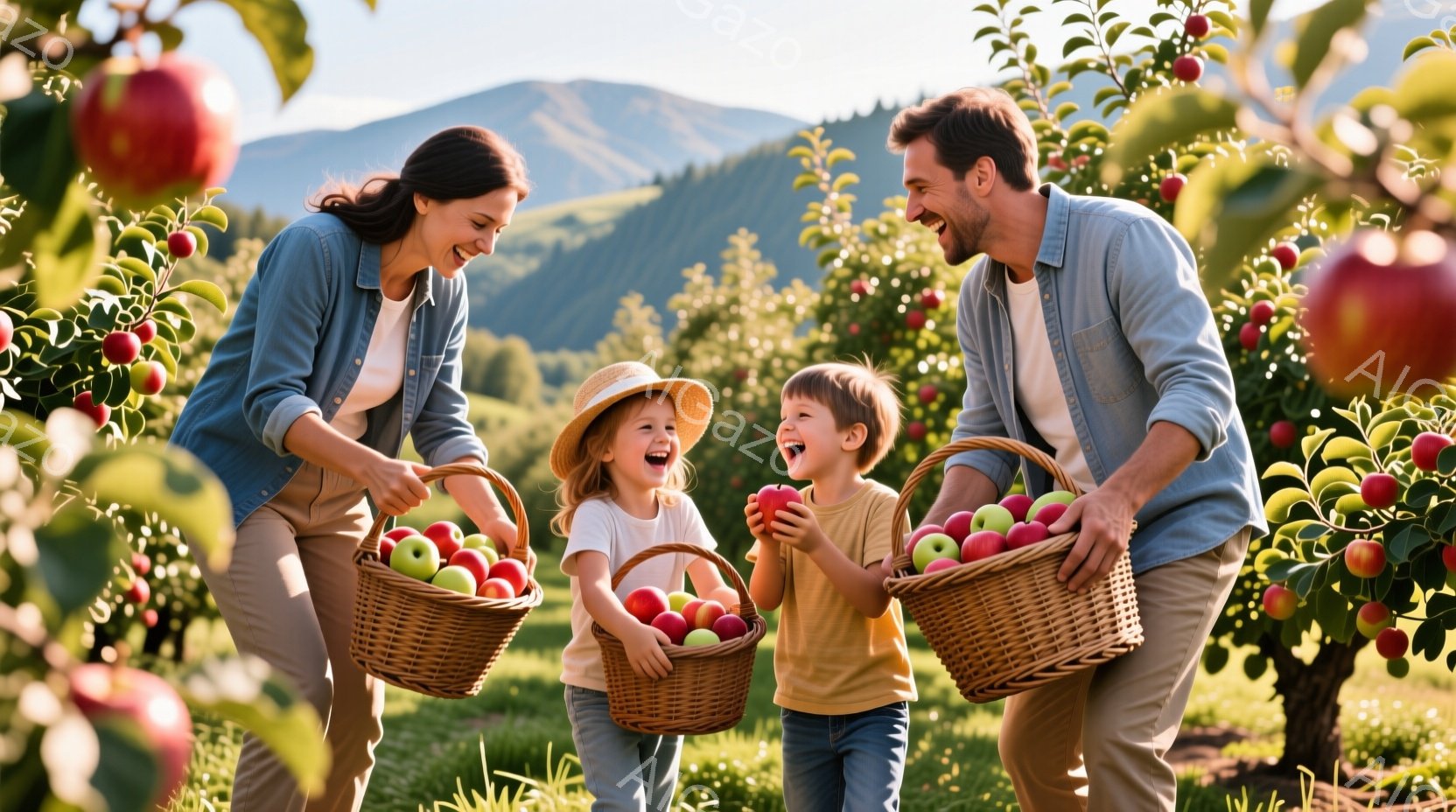 りんご園で、母親と父親と二人の子供たちが、満面の笑みを浮かべながら収穫を楽しんでいます。母親はデニムジャケットを着て、長髪を後ろに垂らし、片手にバスケットを持っています。子供たちはそれぞれ赤いりんごを手に持ち、嬉しそうに笑っており、背景には緑豊かな丘と青空が広がっています。