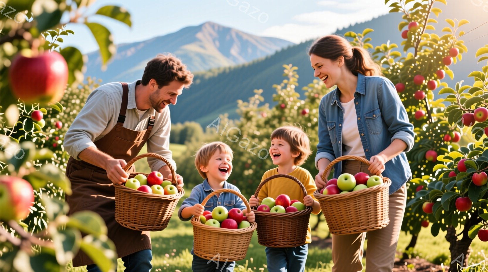 家族はリンゴ園でリンゴを収穫しています。父親はエプロンを着て、母親はデニムジャケットを着ており、二人の子供たちは笑顔でバスケットいっぱいのリンゴを抱えています。背景には緑豊かな丘と山々が広がり、晴れた天気と明るい日差しが家族の幸せな雰囲気を強調しています。