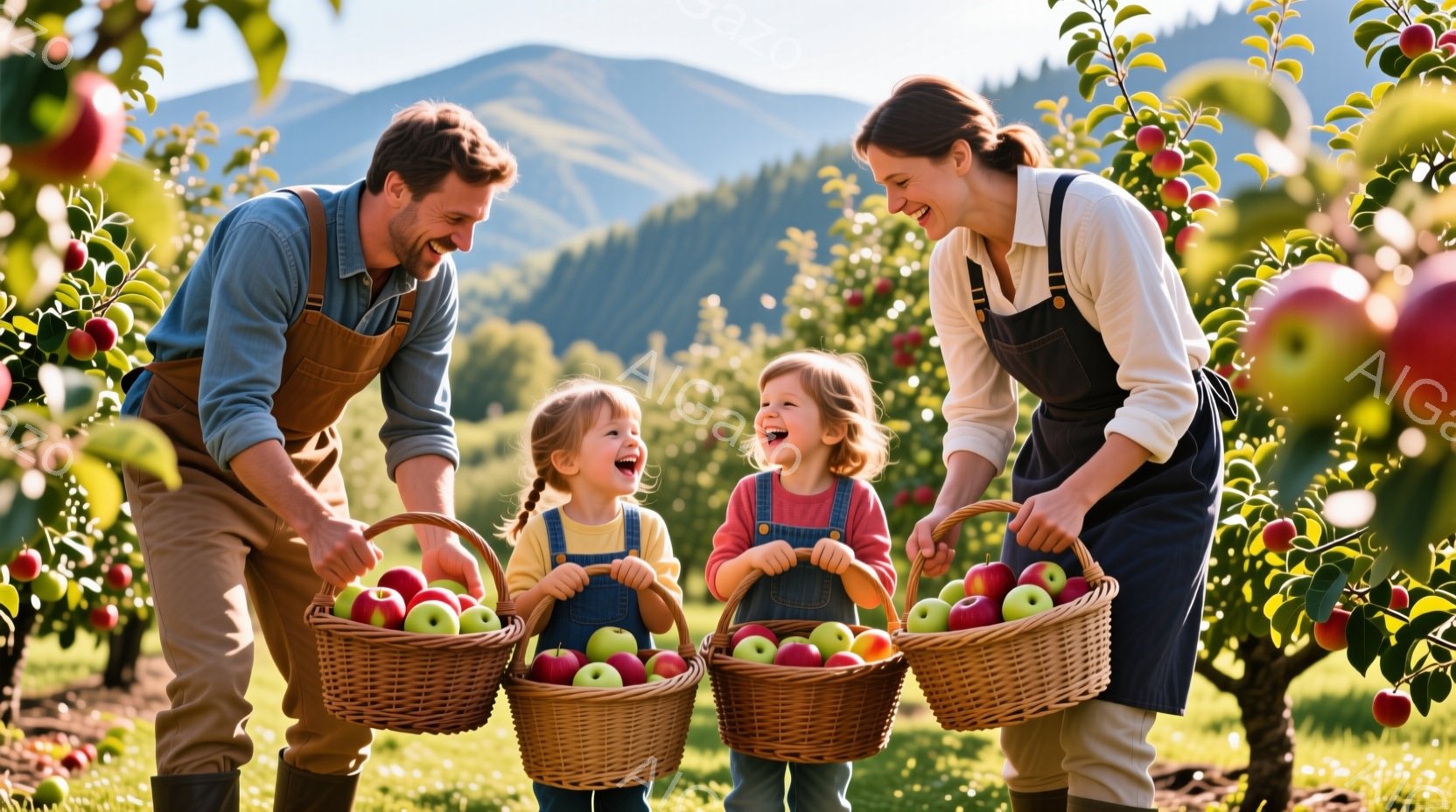 りんご園で、父親と母親と二人の小さな女の子が収穫を楽しんでいます。父親はデニムシャツにエプロン、母親は白シャツにエプロン、そして二人の女の子はそれぞれカラフルな服を着て、満面の笑みを浮かべています。背景には緑豊かな丘と青空が広がり、暖かく幸せな雰囲気が漂っています。
