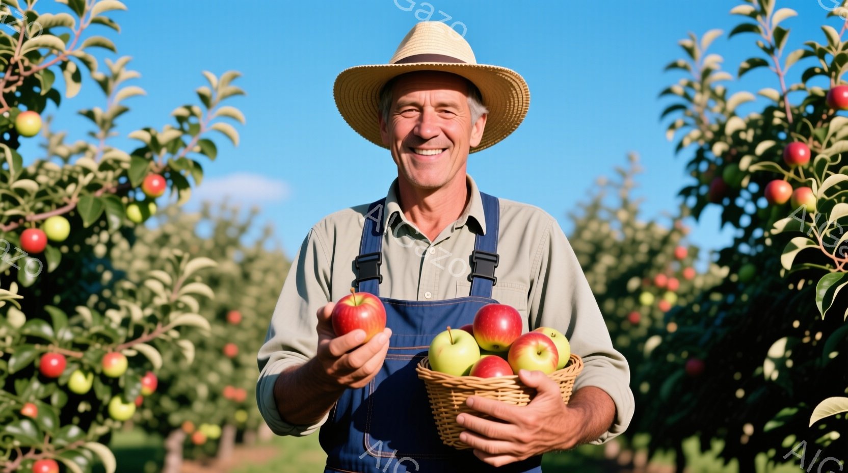 浅黒い肌の男性が、麦わら帽子とエプロン姿で、両手に赤いリンゴとリンゴが入ったバスケットを持って微笑んでいます。彼は少し顔色が悪く、表情は穏やかで、リンゴを正面に向けて見せています。背景にはリンゴの木が生い茂り、青空が広がり、全体的に収穫の喜びと自然の恵みを感じさせる温かい雰囲気です。