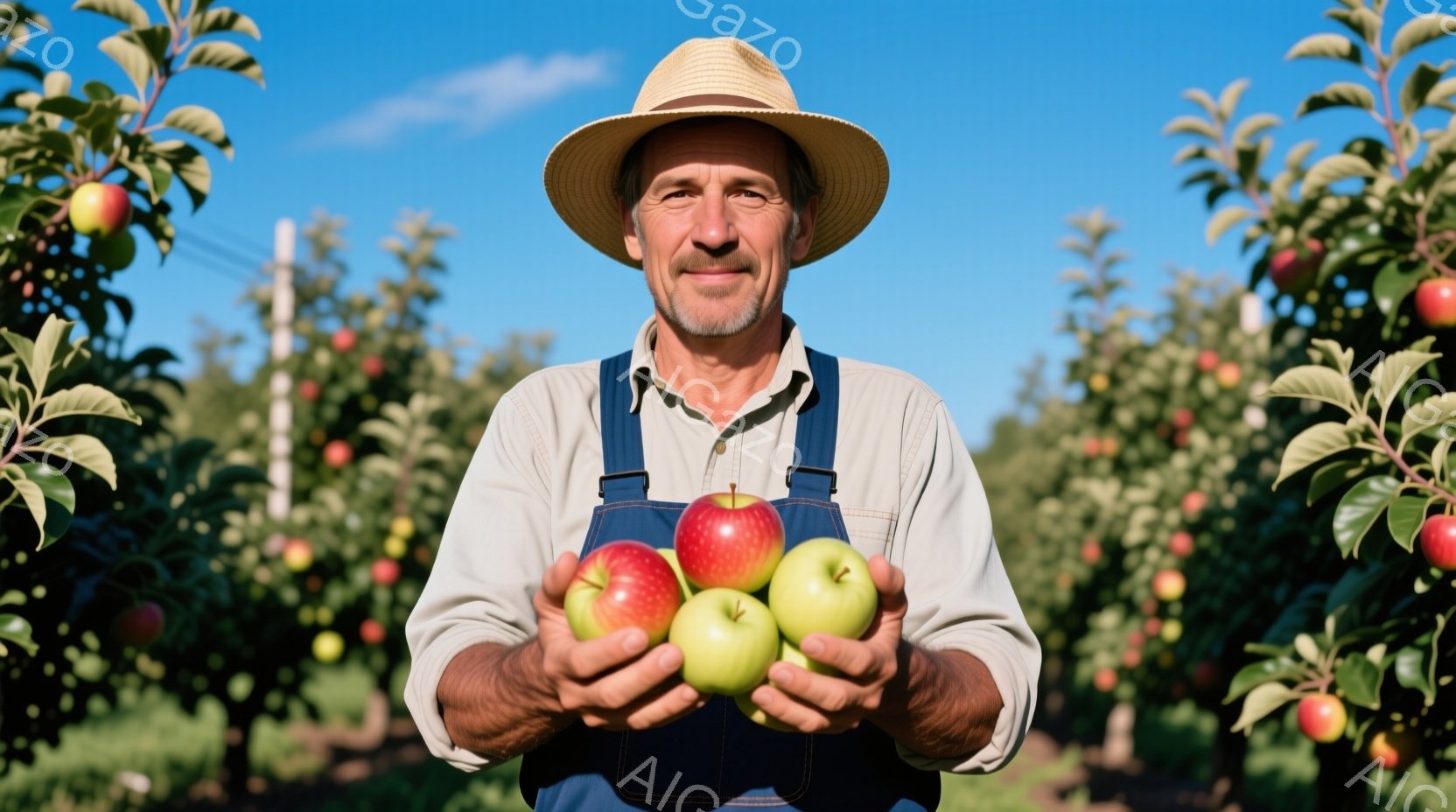 中年の男性が、麦わら帽子とオーバーオール姿で、赤いリンゴと緑のリンゴを両手に抱えています。彼の表情は穏やかで微笑みを浮かべており、背景にはリンゴが実った木々が広がっています。晴天の下、リンゴ園で収穫されたばかりのリンゴを誇らしげに見せている様子が伝わってきます。