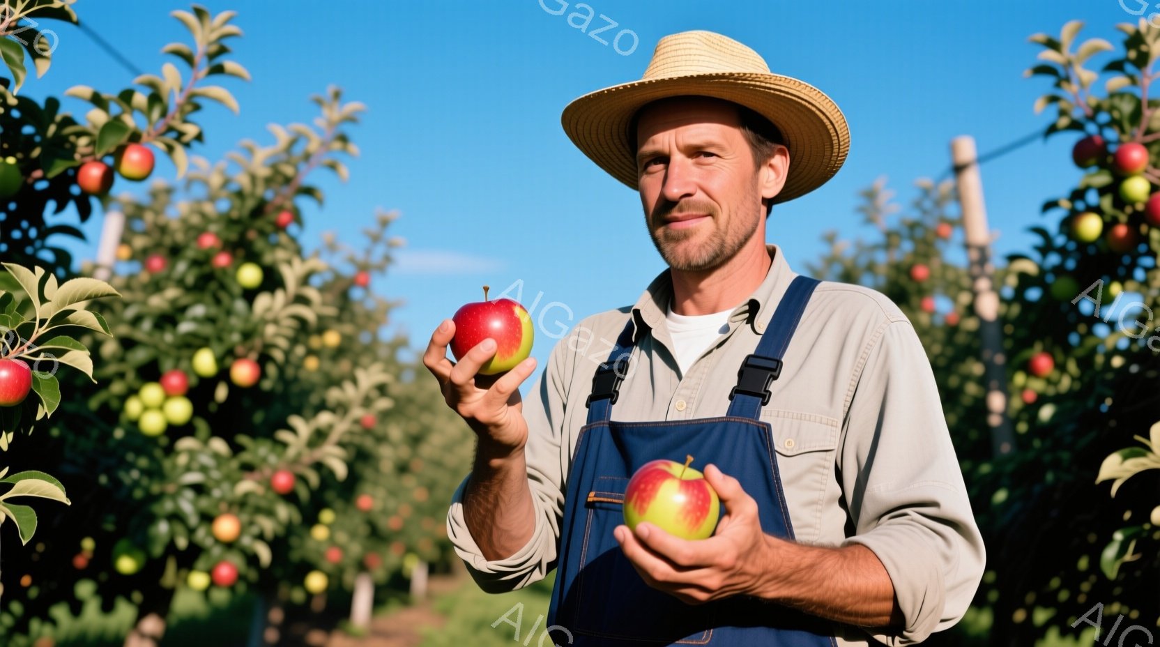 麦わら帽子とオーバーオールを着た男性が、赤いリンゴを二つ手に持っています。彼は少し顎ひげを生やし、自信に満ちた表情でリンゴを眺めており、背景にはリンゴの木がたくさん実った果樹園が広がっています。晴れた空と緑豊かな風景が、豊穣な秋の雰囲気を醸し出しています。