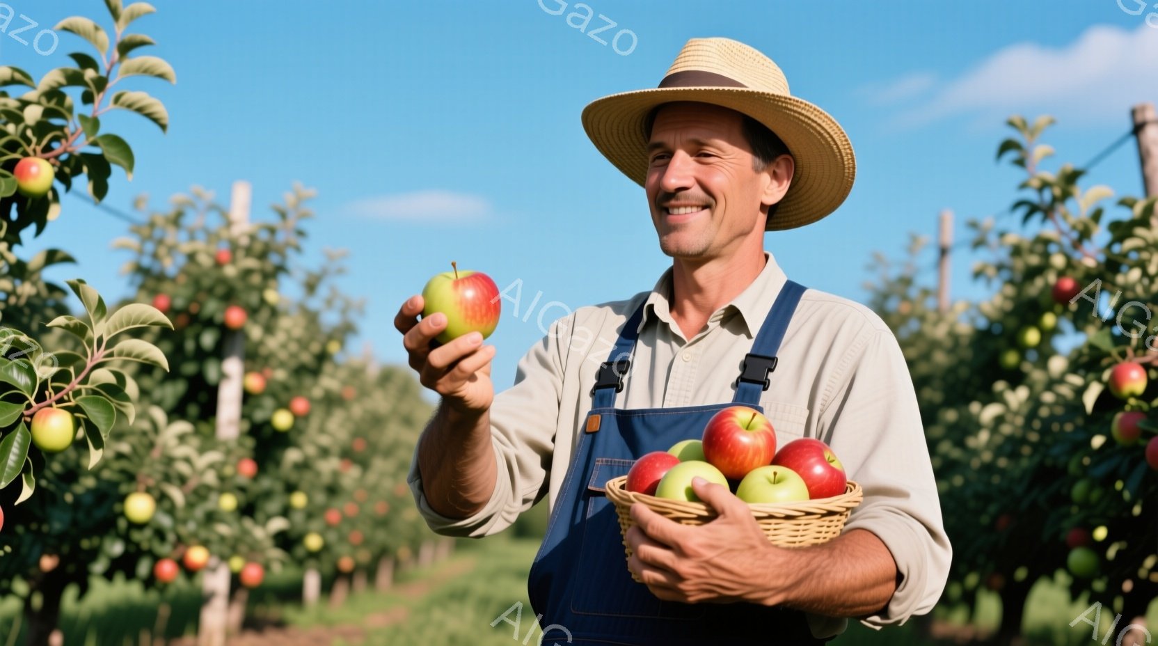 陽光が降り注ぐリンゴ園で、麦わら帽子とオーバーオールを着た男性が、摘みたての赤いリンゴを手に掲げて微笑んでいます。彼はもう片方の手にリンゴが詰まった籠を持ち、顔には満足そうな表情が浮かんでいます。背景には青空と、リンゴの実がたわわに実ったリンゴの木々が広がっており、穏やかで豊かな秋の雰囲気を醸し出しています。