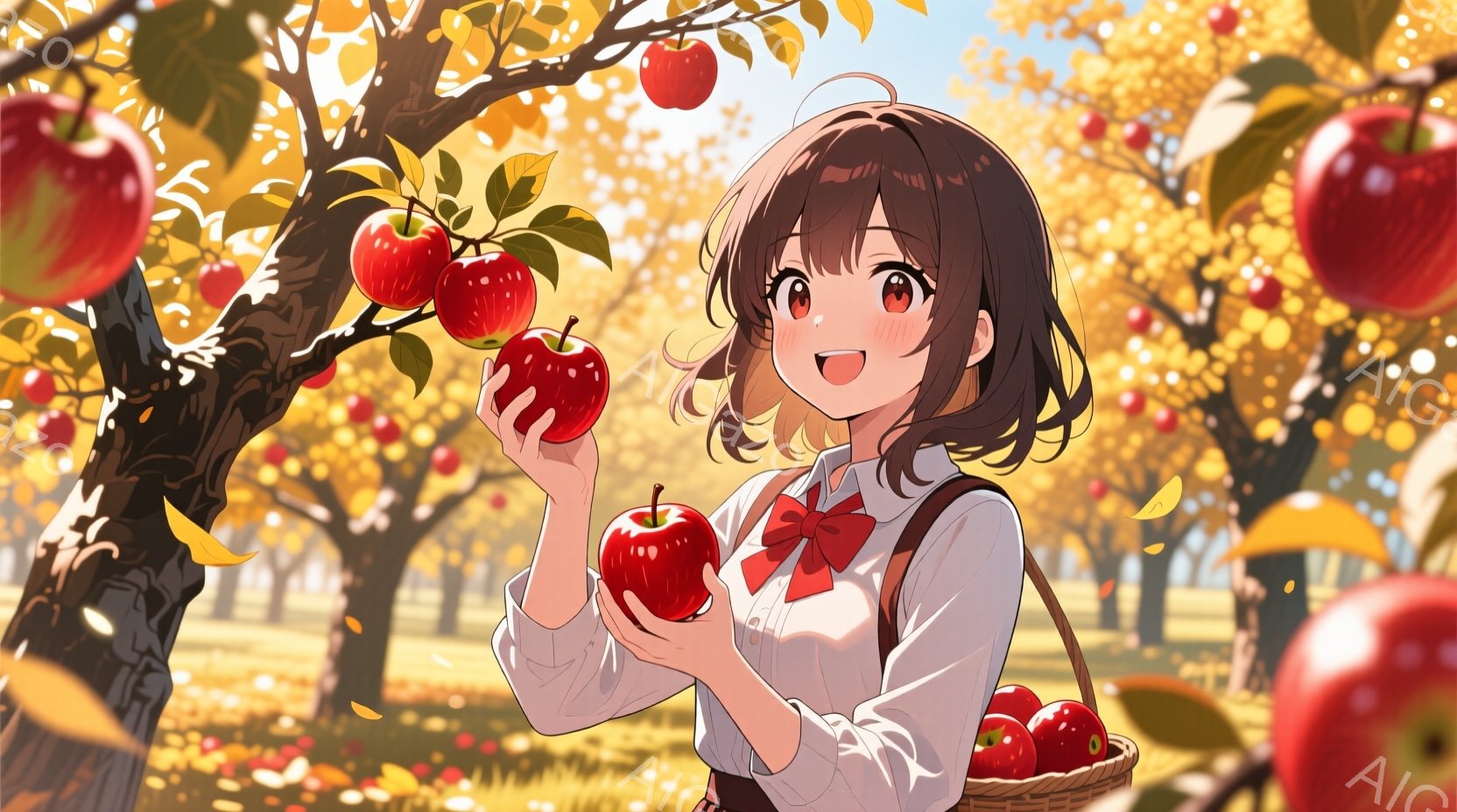 赤いリンゴを手に持った若い女性が描かれています。彼女は白いシャツに赤いリボン、茶色のスカート姿で、肩にバスケットをかけています。背景はリンゴの木が生い茂る果樹園で、暖かく晴れた日の穏やかな雰囲気が漂っています。