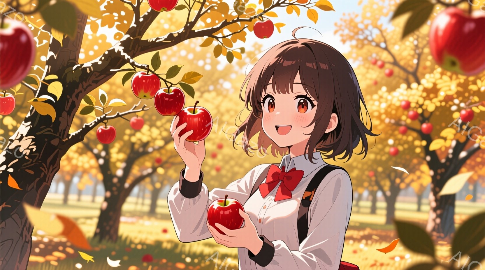 茶色の短い巻き髪の少女が描かれており、明るい笑顔を浮かべている。彼女は白いシャツに赤いリボン、そして紺色のブレザーを着ており、手に赤いリンゴをいくつか持っている。背景はリンゴの木でいっぱいの果樹園で、落ち葉が舞い、秋の暖かい日差しが差し込んでいる。