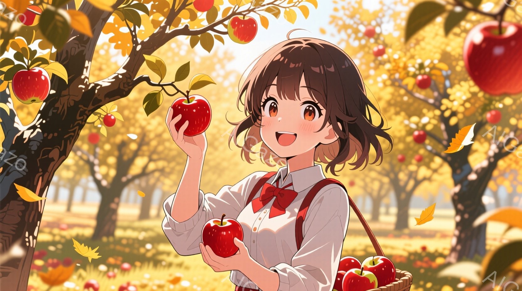 少女は赤いオーバーオールと白いシャツを着て、摘んだばかりの赤いリンゴを両手に持っています。彼女は笑顔でリンゴを見つめており、背景にはリンゴの木が生い茂り、地面には落ち葉が散らばっています。全体的に、秋の収穫の喜びを感じさせる、暖かく明るい雰囲気です。