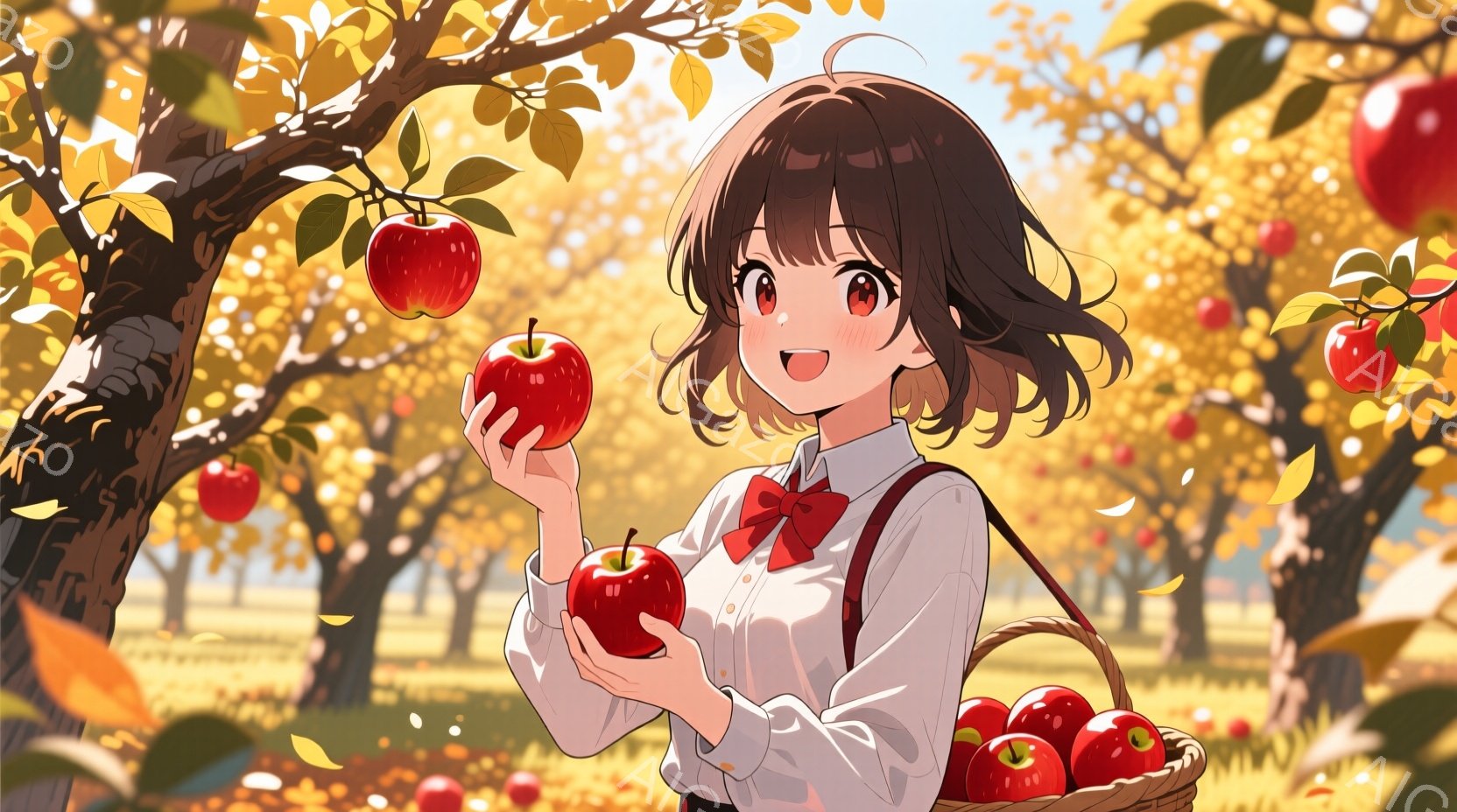 リンゴ園で赤いリンゴを手に持った若い女性が描かれています。彼女は白いシャツに赤いリボン、茶色のスカートを着用し、明るい笑顔を見せています。背景には、赤いリンゴがたくさん実った木々と、少し霞んだ遠景が広がっており、暖かく穏やかな秋の雰囲気です。