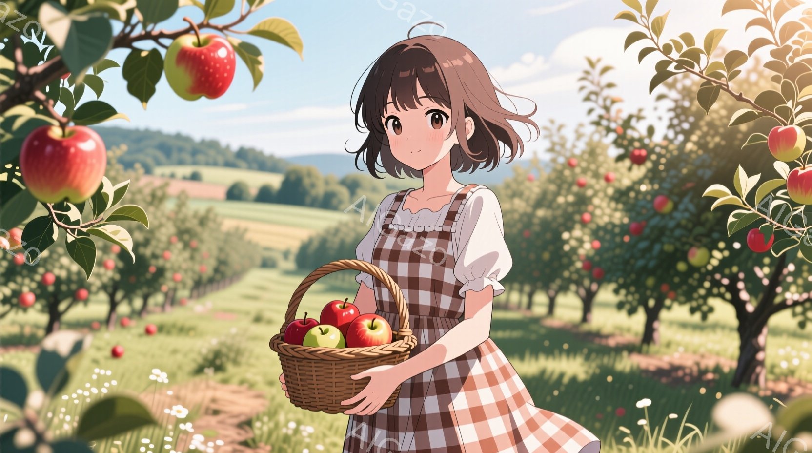 少女はチェック柄のワンピースと白いブラウスを着ており、茶色の髪を肩の長さで切り揃えています。彼女は籐で編まれたカゴを持っており、中には赤いリンゴや緑のリンゴがいくつか入っています。背景にはリンゴ園が広がり、遠くには緑の丘と穏やかな天気に見えます。