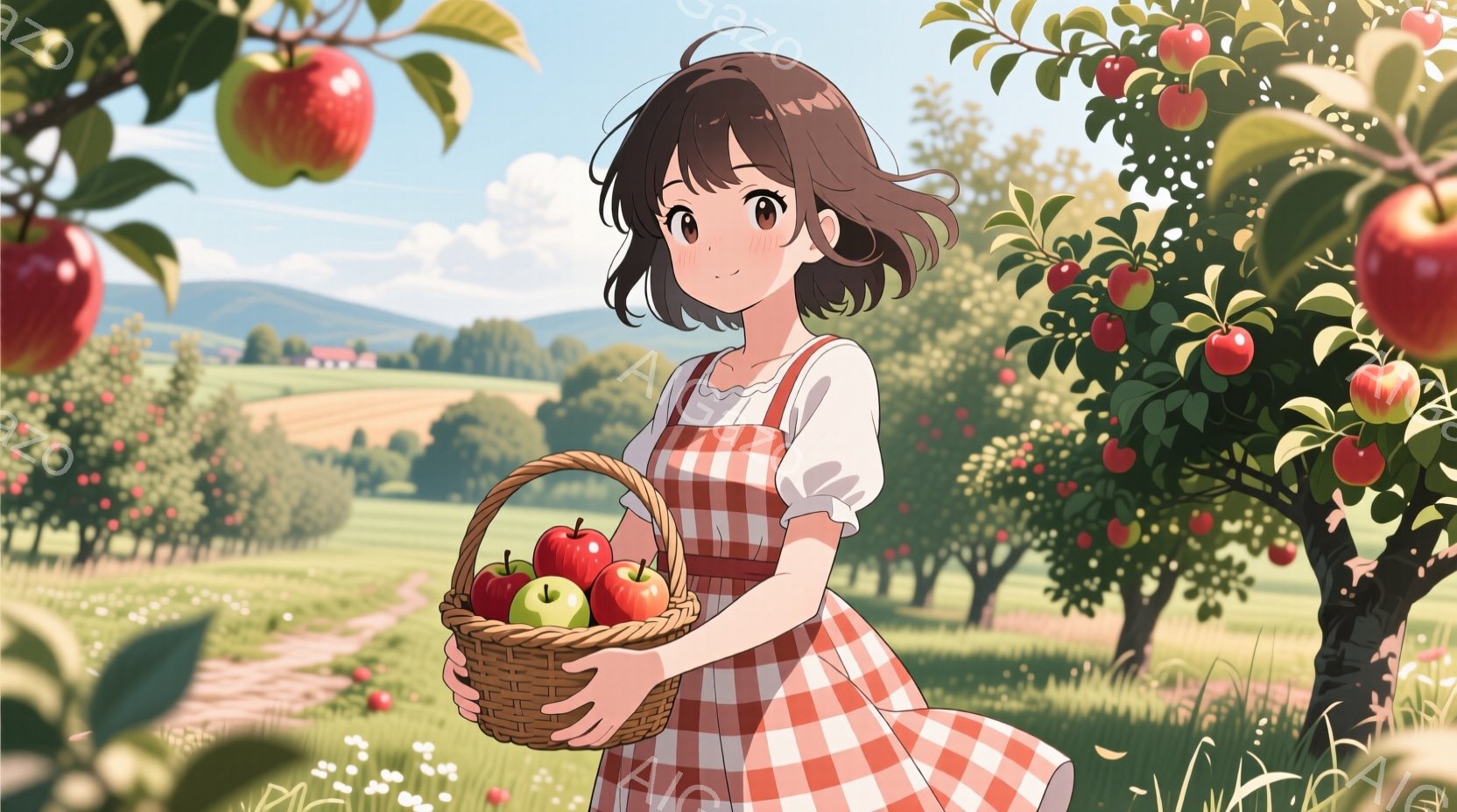 若い女性がリンゴを入れたバスケットを抱え、チェック柄のエプロンと白いシャツを着ています。彼女は少し微笑んでおり、短い茶髪が風になびいています。背景には緑豊かな草原、リンゴの木、遠くに見える建物があり、晴れた日の穏やかな雰囲気が漂っています。