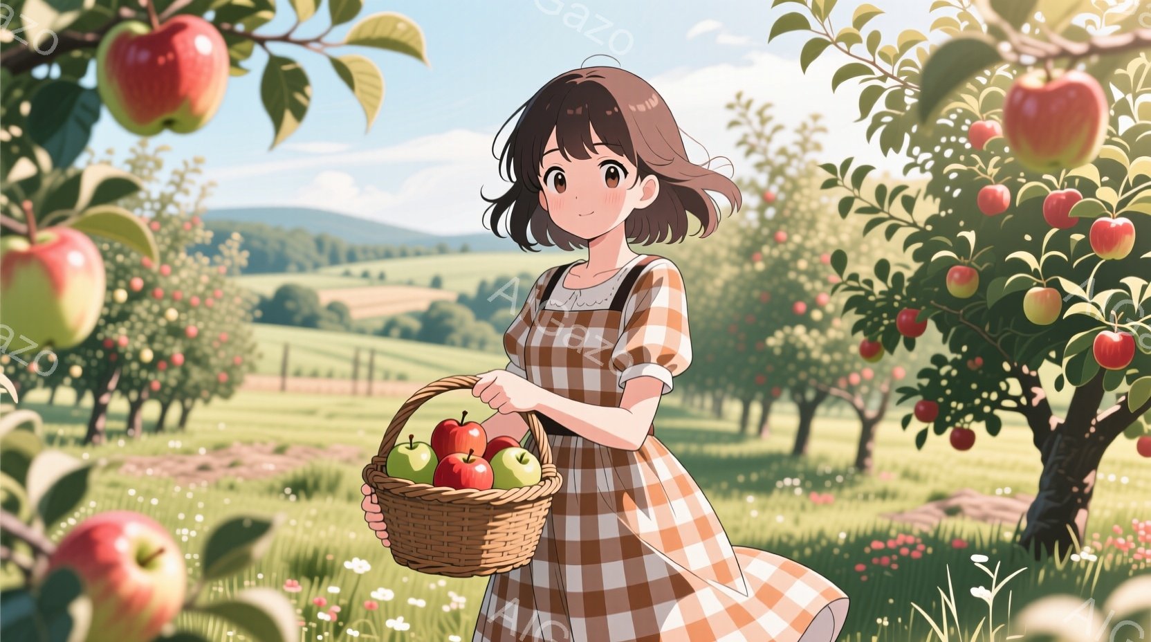 金髪の少女は、チェック柄のワンピースを着て、編み込みのヘアスタイルをしています。彼女はバスケットいっぱいの赤いリンゴと緑のリンゴを持っており、穏やかな笑顔を浮かべています。背景には、リンゴの木が立ち並び、緑豊かな草原と遠くに見える丘陵地帯が広がっており、晴れた日の穏やかな雰囲気を醸し出しています。