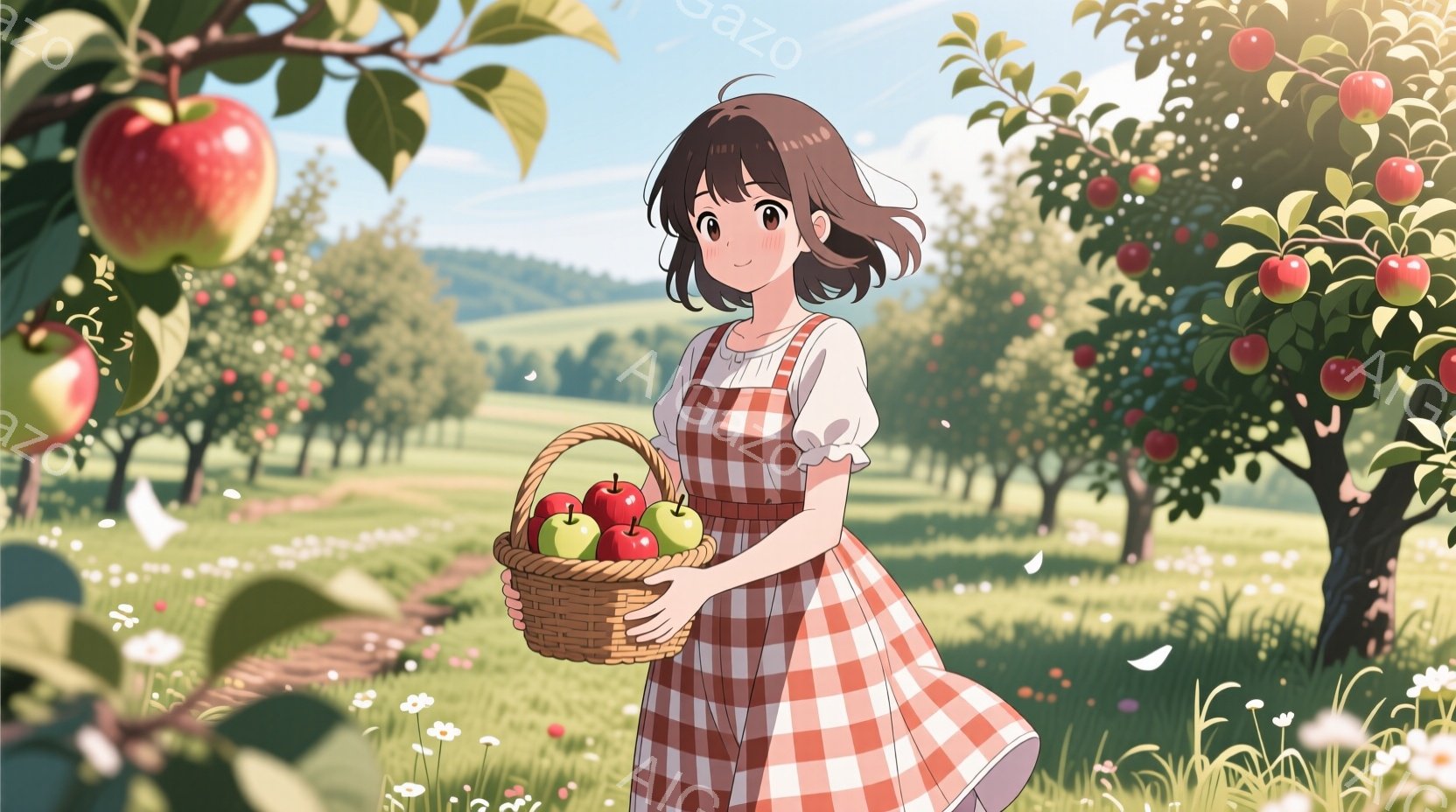 明るい日差しのリンゴ園で、少女がバスケットいっぱいのリンゴを抱えています。彼女は白いブラウスに赤と白のチェック柄のオーバーオールを着ており、茶色の短い髪は少しカールしています。背景には青空と緑の丘が広がり、リンゴの木々が実をつけたまま咲き誇り、全体的に穏やかで牧歌的な雰囲気が漂っています。
