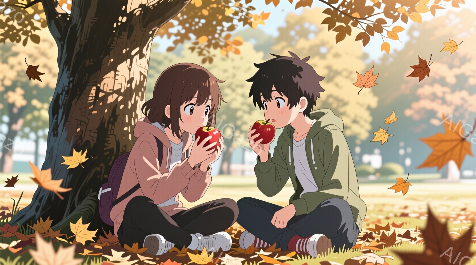 秋の公園で木の下に座っている若い男女が描かれています。少女は短い茶色の髪で、ピンクのパーカーと黒いズボンを着用し、頬を赤らめながらリンゴを食べています。少年は黒髪で、緑のジャケットと黒いズボンを着用し、同じようにリンゴを食べて微笑んでいます。