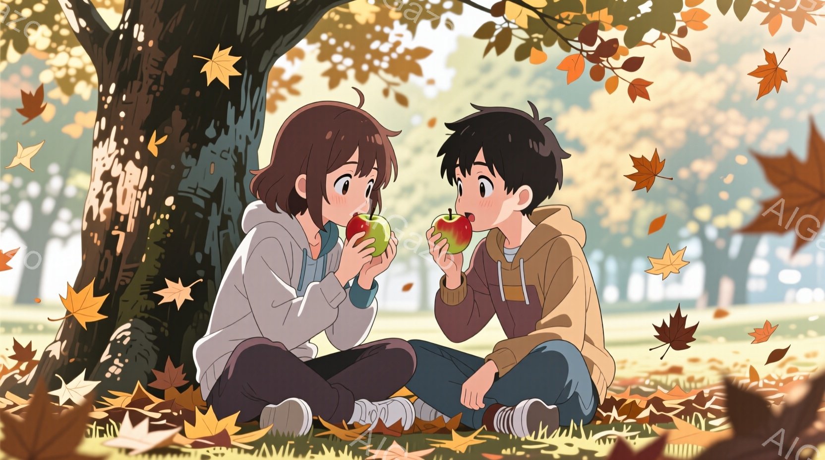 少女と少年が木の根元に並んで座り、それぞれ赤いリンゴを食べている。少女は茶色のショートヘアで白いパーカーを着ており、少年は黒髪で茶色のジャケットを着ている。背景には、紅葉した木々と落ち葉が広がり、秋の穏やかな雰囲気が漂っている。