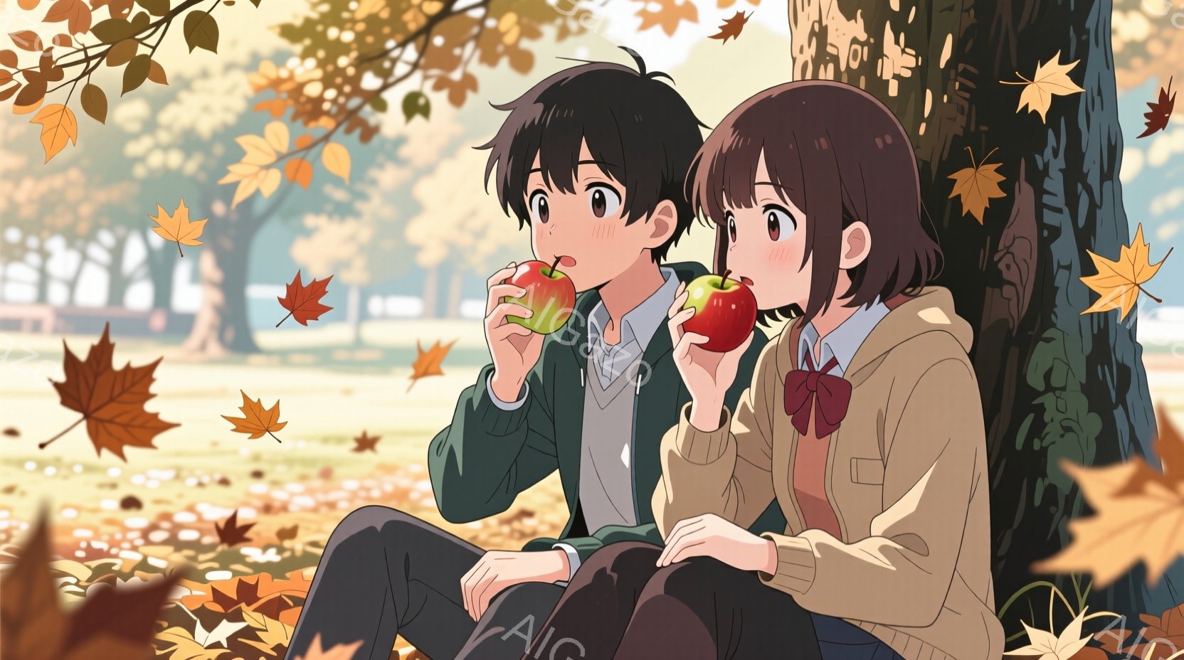 公園の木の下に座っている若い男女が描かれています。少年は緑色のジャケットと白いシャツを着ており、少女はベージュのセーターと赤いリボンをつけています。二人はリンゴを食べており、頬を赤らめ、少し恥ずかしそうな表情をしています。背景には、鮮やかな紅葉と木々が広がり、暖かい秋の雰囲気が漂っています。