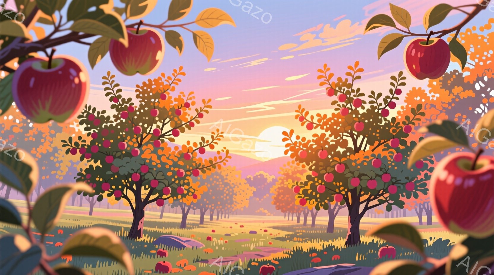 鮮やかな赤いリンゴが実る果樹園が描かれている。背景には、地平線から昇る太陽と、秋らしいオレンジと黄色の色合いで広がる穏やかな風景が広がり、全体的に暖かく、平和な雰囲気を醸し出している。地面には、落ちたリンゴや植物が散らばり、自然豊かな光景が広がっている。