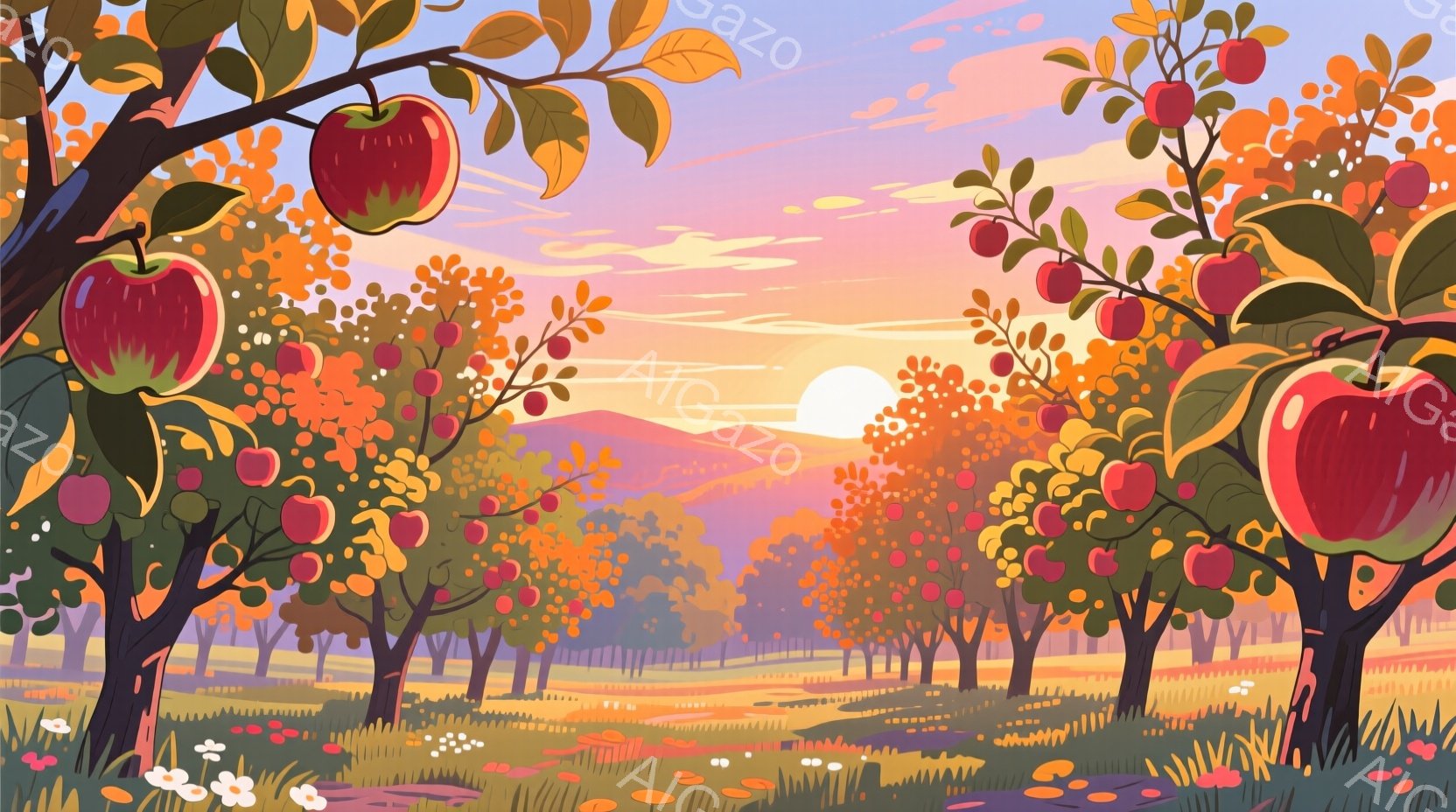 りんご園が夕焼けに照らされた風景です。赤いりんごが実った木々が密集し、遠くには霞んだ山々が連なっています。鮮やかなオレンジ、ピンク、紫色の空が、穏やかで牧歌的な雰囲気を醸し出しています。