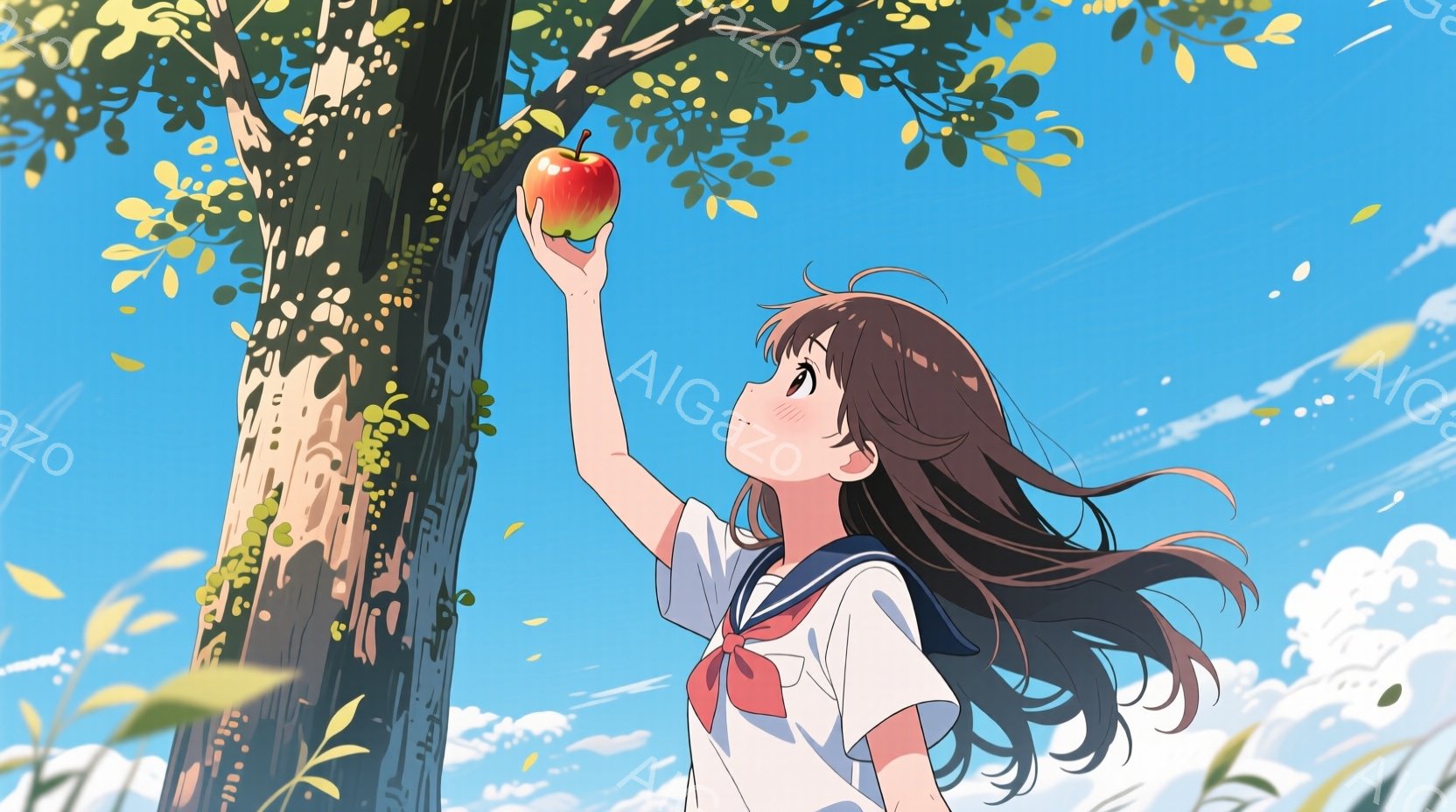 長い茶色の髪をなびかせ、セーラー服を着た少女がリンゴの木に向かって手を伸ばしている。彼女は空を見上げ、わずかに微笑み、穏やかな表情を浮かべている。背景には青空と白い雲が広がり、木々の緑が鮮やかで、全体 - AI生成フリー素材