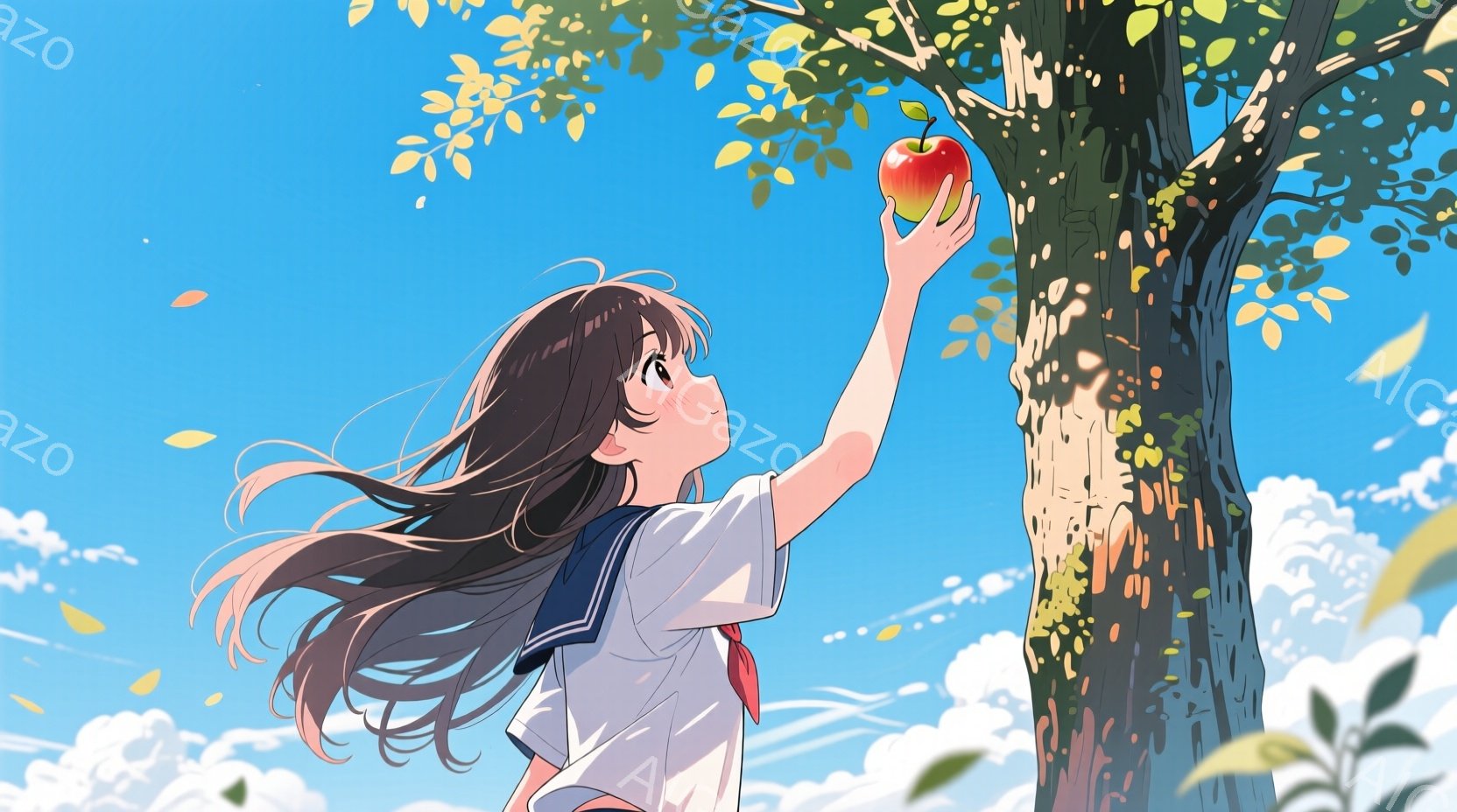 長い黒髪の少女が、青空の下でリンゴの木に手を伸ばしている。彼女は白いブラウスに濃い色のリボンとスカートを着用し、少し上目遣いでリンゴを見つめている。背景には雲が浮かび、リンゴの木とその葉が鮮やかに描かれている。