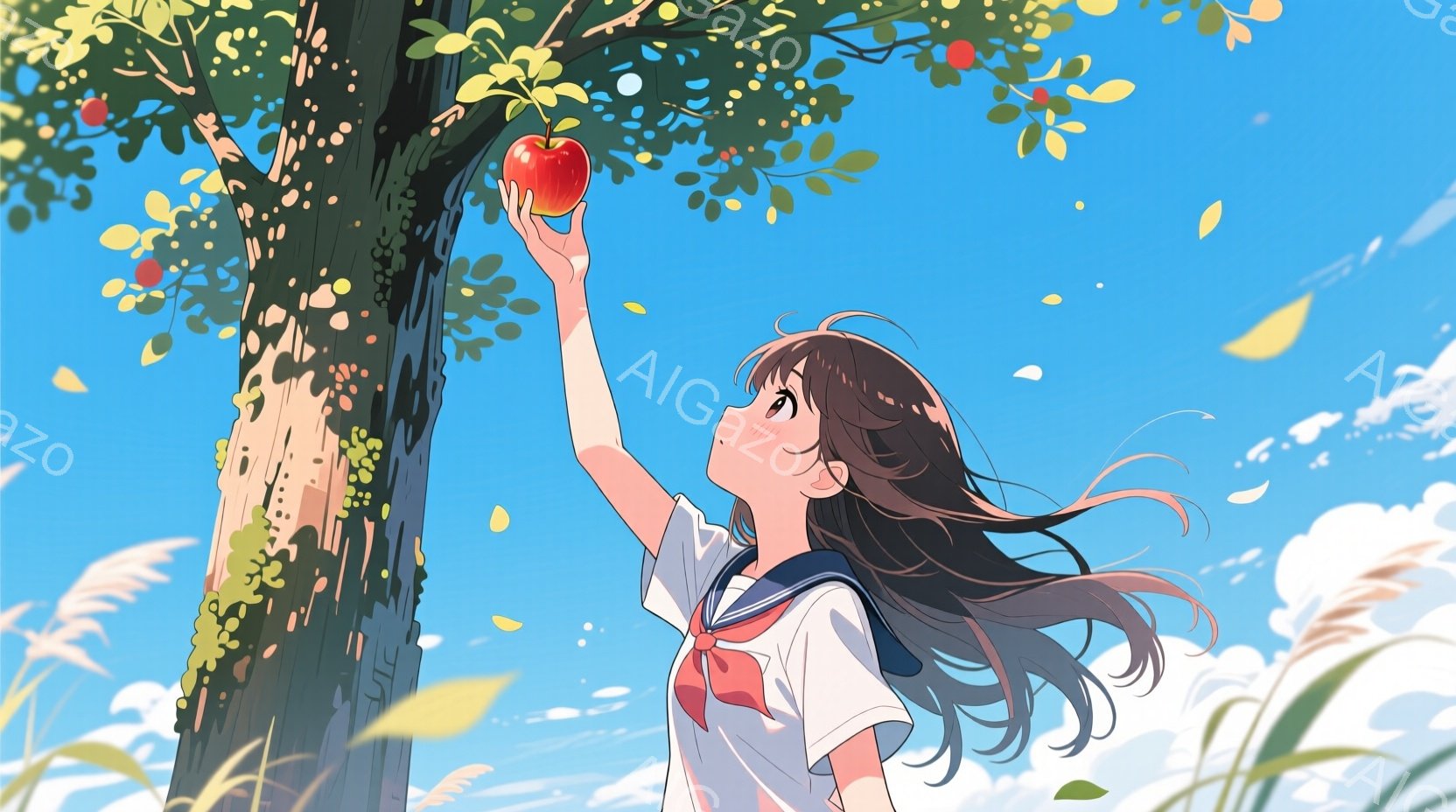 少女は、木から赤いリンゴを摘もうと手を伸ばしています。彼女は、白いブラウスに紺色のリボンを結んだ制服を着ており、長い茶髪が風になびいています。背景には青空と白い雲、そして草原が広がり、暖かく爽やかな雰囲気です。