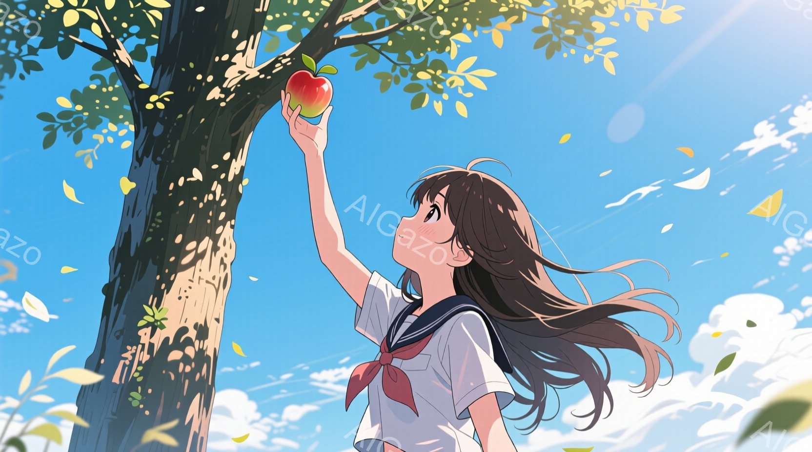 長い茶色の髪を風になびかせ、セーラー服を着た少女が、高い木の枝に実った赤いリンゴに手を伸ばしている。彼女は少し上目遣いでリンゴを見つめ、頬をほんのり赤らめている様子から、リンゴを手に取るのを心待ちにしている様子が伺える。背景には青空と白い雲が広がり、暖かく穏やかな雰囲気を醸し出している。