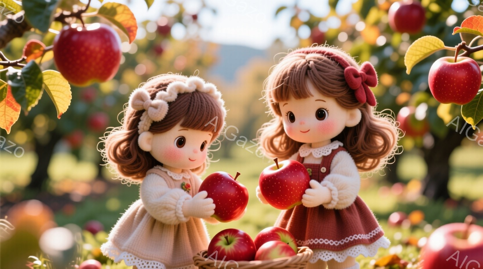 2人の少女がリンゴ園にいます。彼女たちはクリーム色のセーターとスカートを着ており、髪はカールして赤いリボンで結ばれています。背景には赤く熟したリンゴがたくさん実ったリンゴの木があり、光が差し込んで暖かく優しい雰囲気が漂っています。