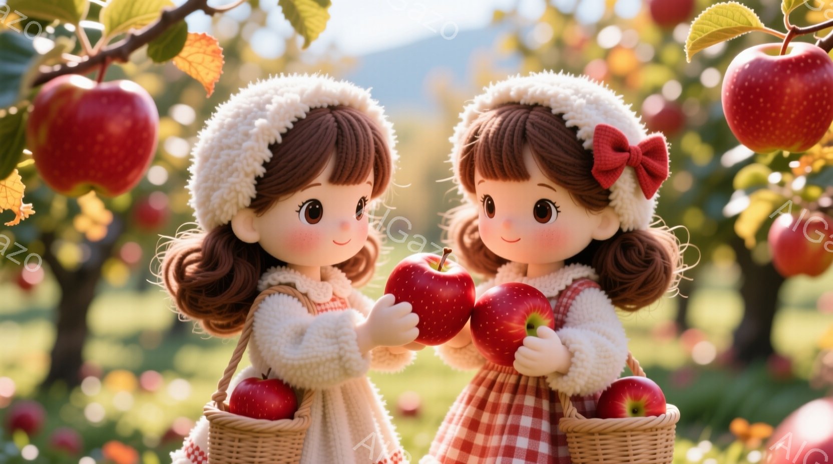 リンゴ園で2人の少女が描かれています。彼女たちは赤いチェック柄のワンピースと白い毛皮のついたジャケットを着ており、頭にはリボンと帽子を付けています。それぞれがバスケットいっぱいのリンゴと、手に持った赤いリンゴを抱えています。