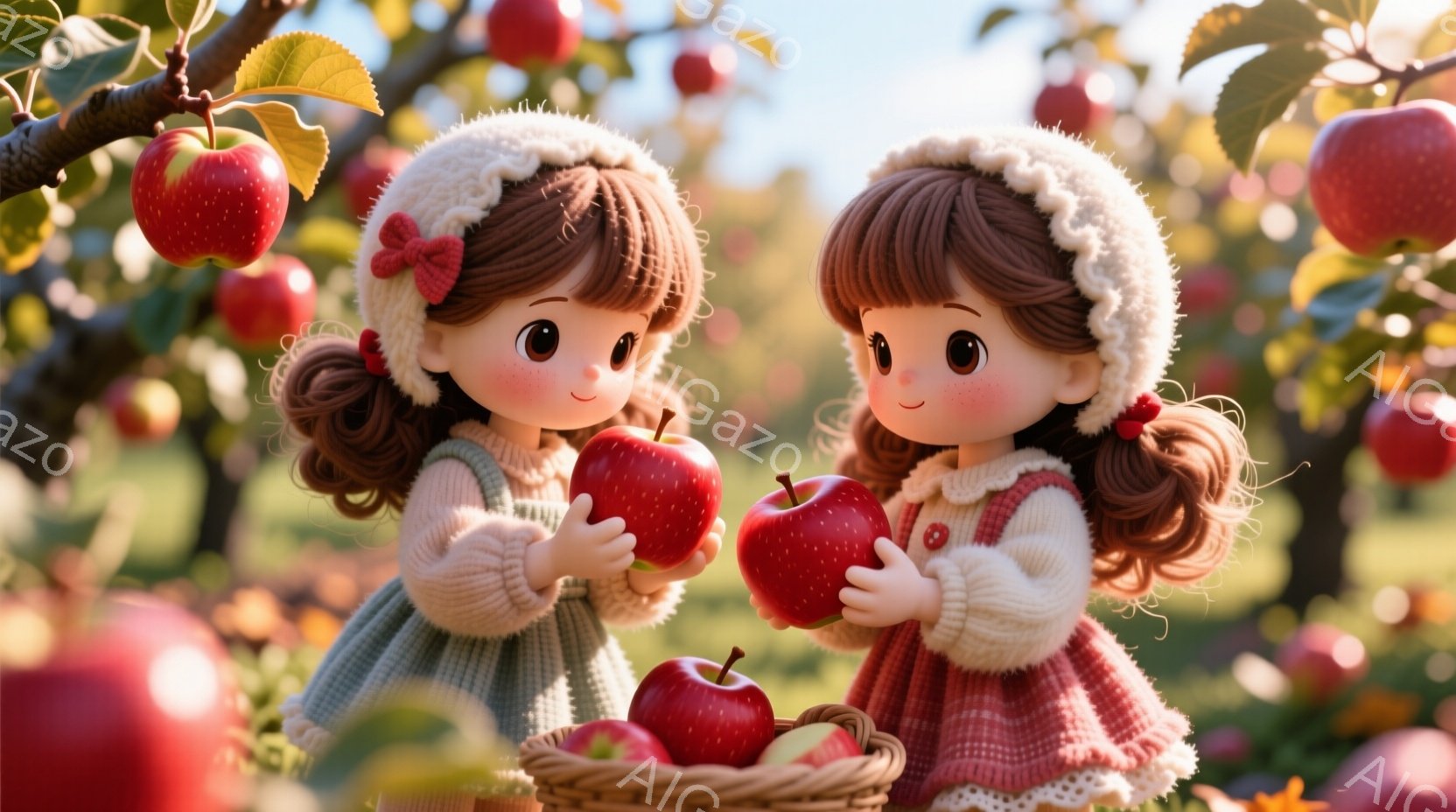 二人の少女は、リンゴ園でそれぞれ赤いリンゴを手に持っています。彼女たちは、白いフリルがついた帽子を被り、巻き毛の髪をしています。背景には、赤いリンゴがたくさん実ったリンゴの木と、リンゴが詰まったバスケットがあり、全体的に暖かく、可愛らしい雰囲気です。