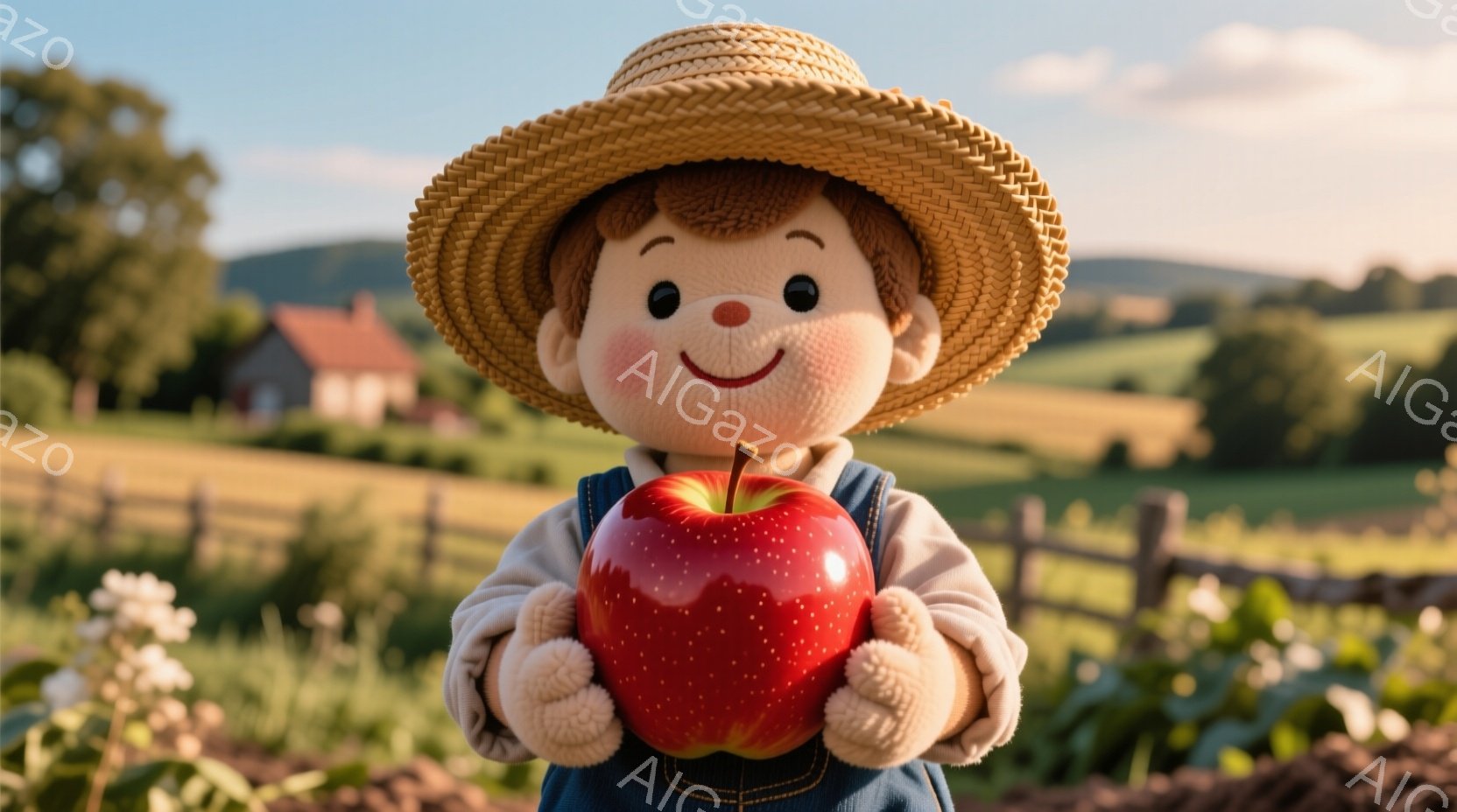 麦わら帽子をかぶった、人形のような少年が、大きな赤いリンゴを両手で抱えています。少年はオーバーオールを着ており、頬は赤く、優しい笑顔を浮かべています。背景には、緑豊かな畑、木製の柵、そして遠くの丘や家々が見え、晴れた日の穏やかな田園風景が広がっています。