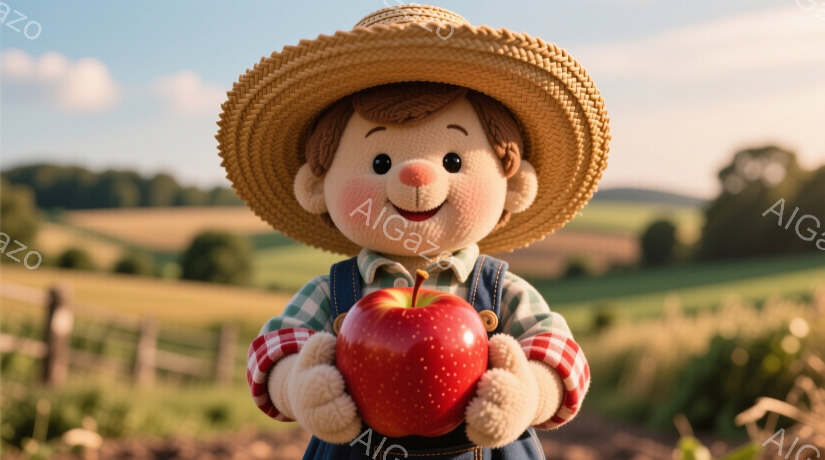 明るい笑顔を浮かべた少年が、麦わら帽子を被り、チェック柄のシャツとオーバーオール姿で、真っ赤なリンゴを抱えています。背景には緑豊かな畑が広がり、遠くには穏やかな丘陵地帯が見えます。全体的に暖かく、のどかな田園風景が印象的な、愛らしい雰囲気の画像です。