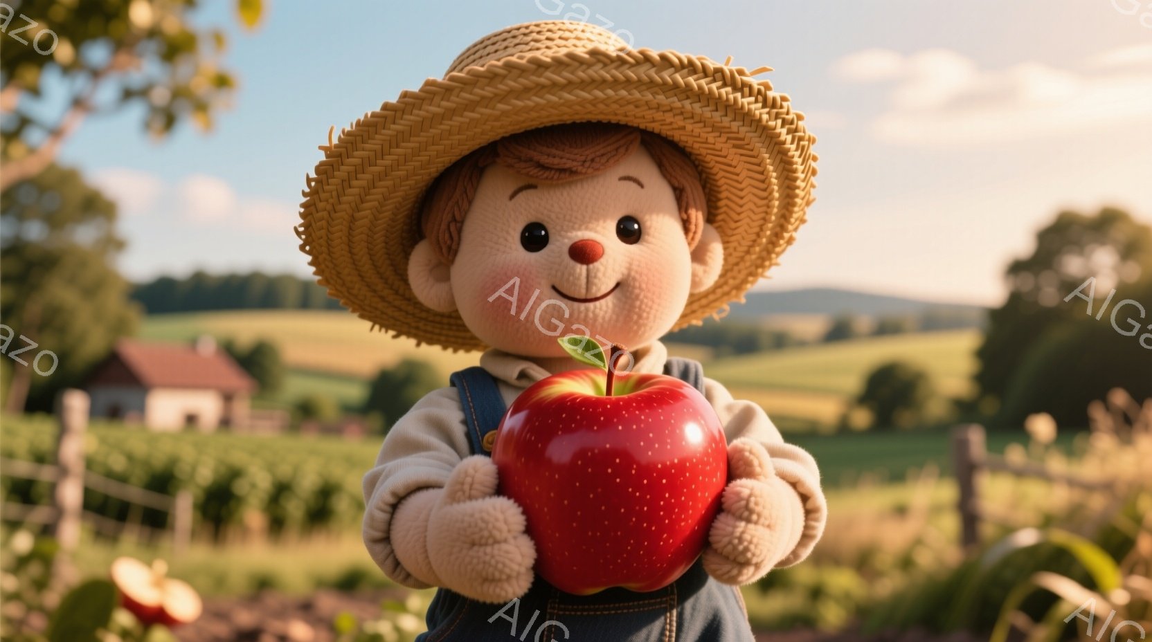明るい緑色の畑で、麦わら帽子をかぶった少年が大きな赤いリンゴを抱えています。少年の服装は、オーバーオールと長袖のシャツで、頬は赤く、笑顔が愛らしいです。背景には、小さな家と緑豊かな畑が広がり、穏やかで牧歌的な雰囲気が漂っています。