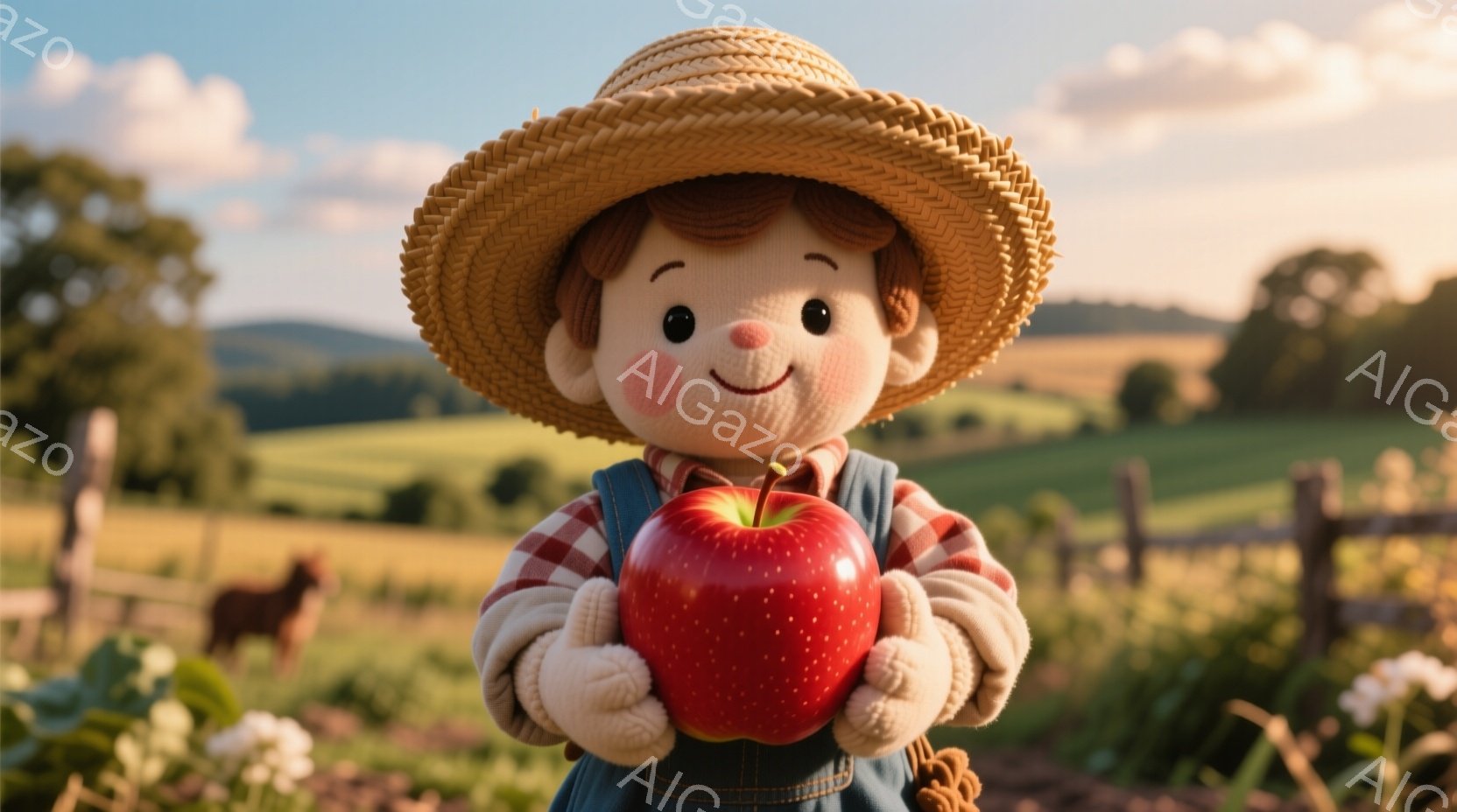 人形のような少年が、麦わら帽子とオーバーオールを着て、赤いリンゴを両手で抱えています。 頬は赤く、微笑んでおり、背景には緑の牧草地と柵、遠くにはなだらかな丘が見えます。 全体的に、暖かく、のどかで、素朴な雰囲気です。