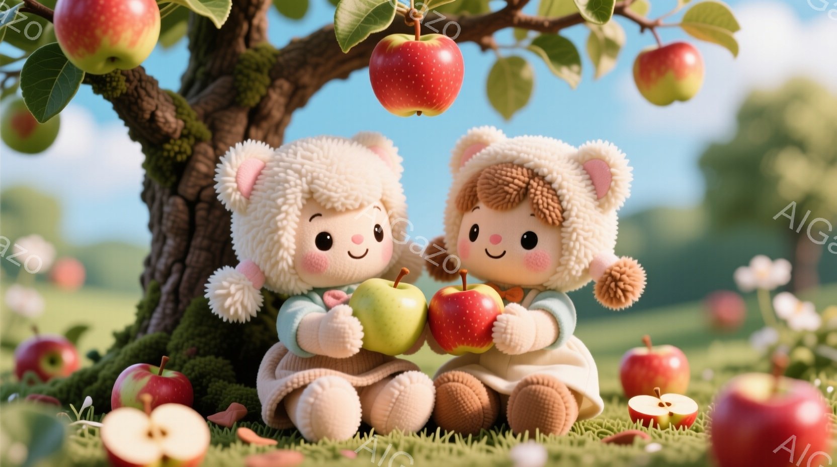 ふわふわのクリーム色の衣装を着た、クマのような姿のキャラクターが二人、緑の草原に座っています。片方のキャラクターは緑色のリンゴ、もう片方は赤いリンゴを手に持ち、穏やかな笑顔を浮かべています。背景にはリンゴの木が広がり、赤いリンゴがたくさん実っており、全体的に暖かく、平和で、可愛らしい雰囲気が漂っています。